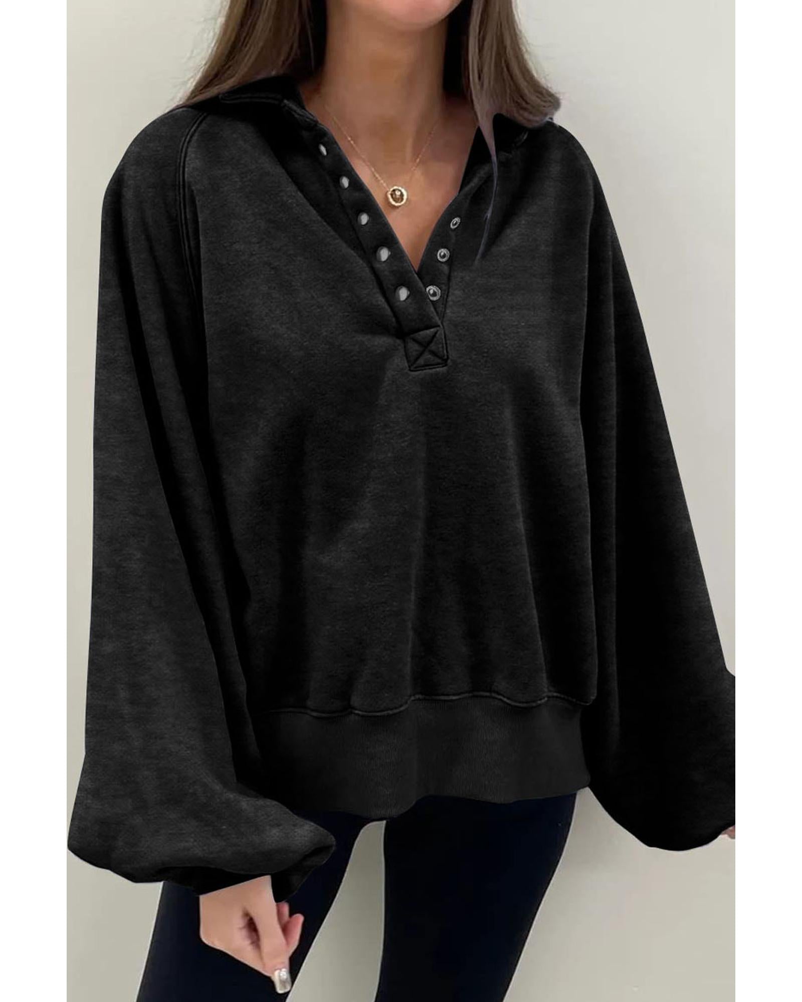 Black Solid Snap Buttons Collared Balloon Sleeve Oversized Sweatshirt - S