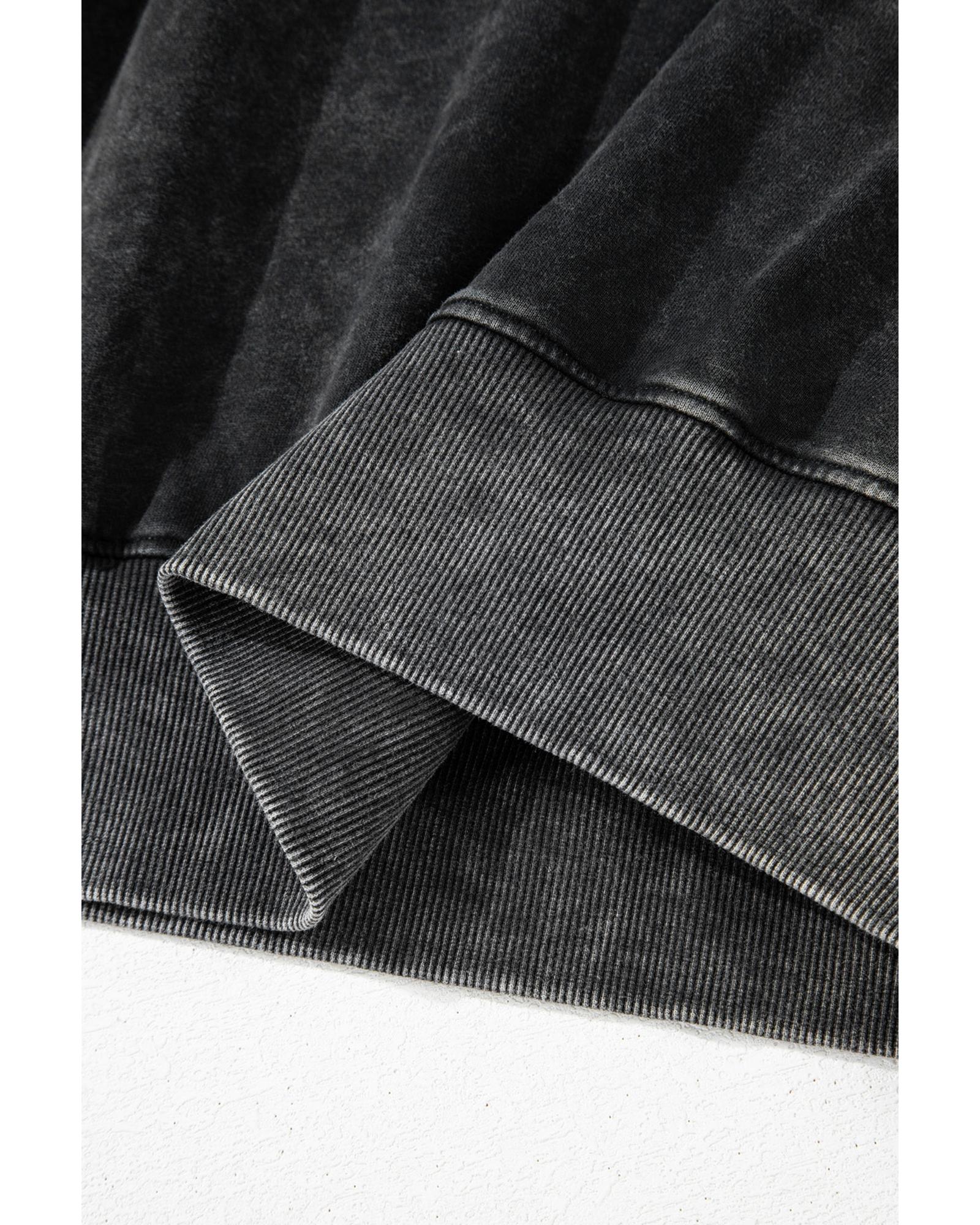 Black Solid Snap Buttons Collared Balloon Sleeve Oversized Sweatshirt - S