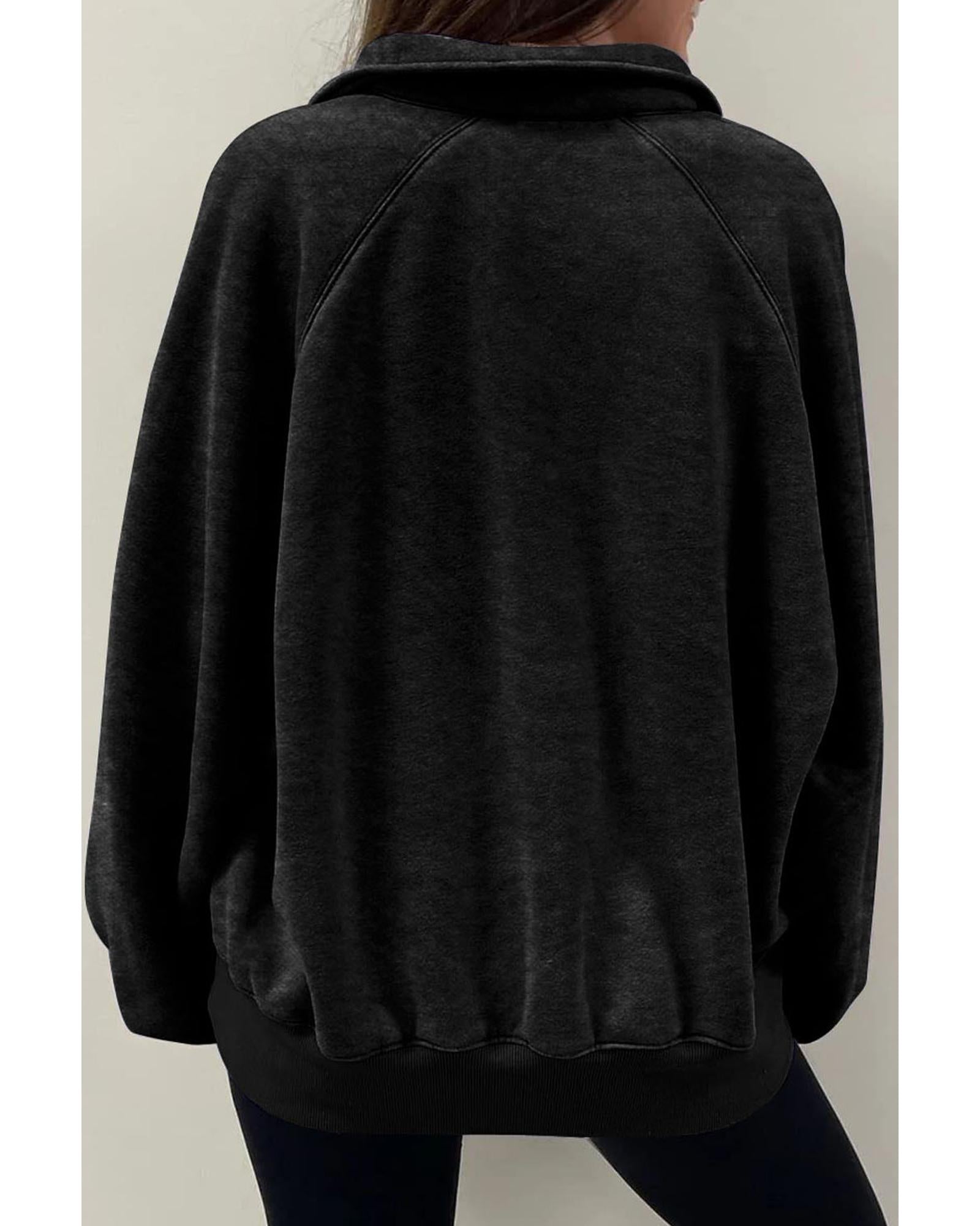Black Solid Snap Buttons Collared Balloon Sleeve Oversized Sweatshirt - S