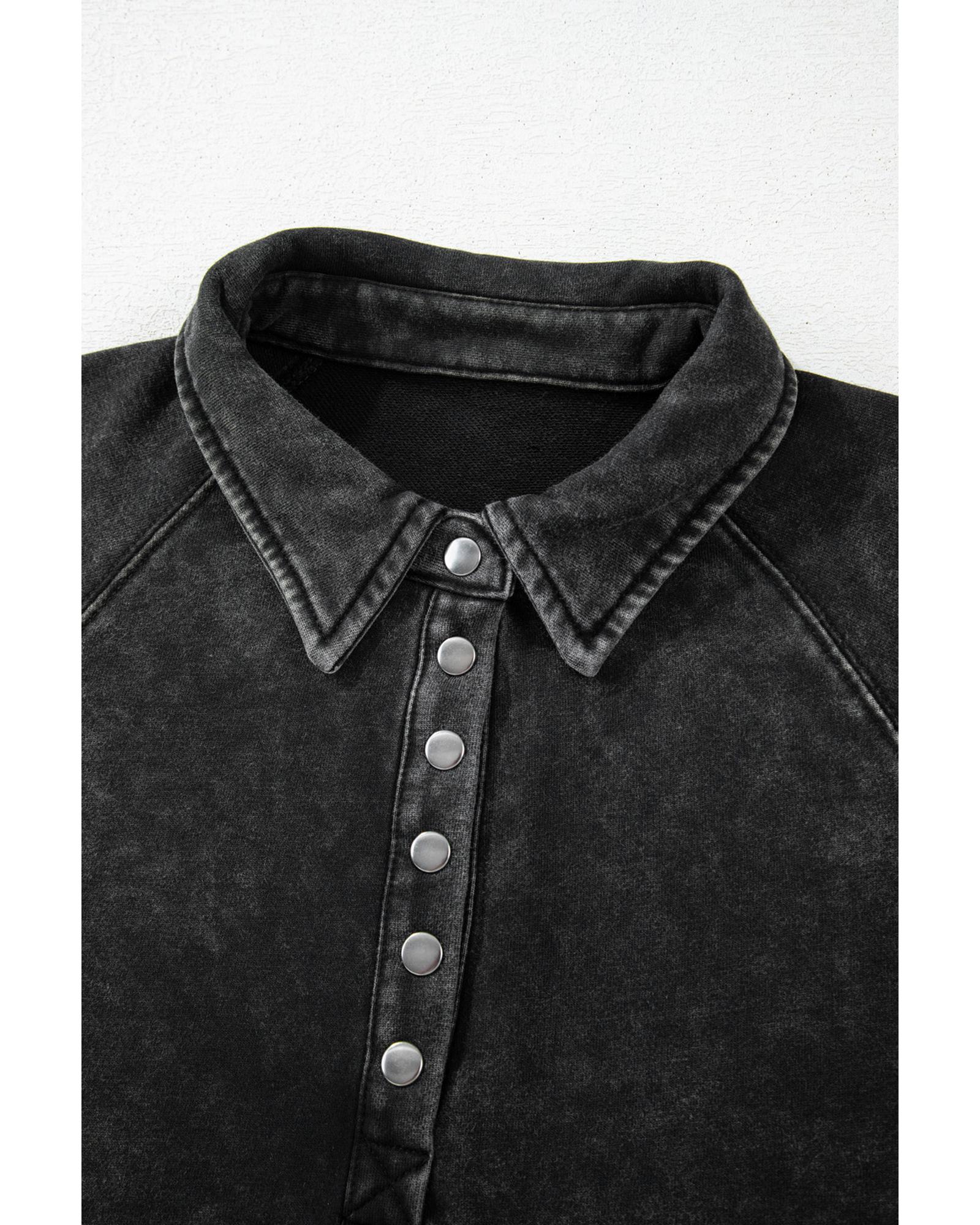 Black Solid Snap Buttons Collared Balloon Sleeve Oversized Sweatshirt - XL