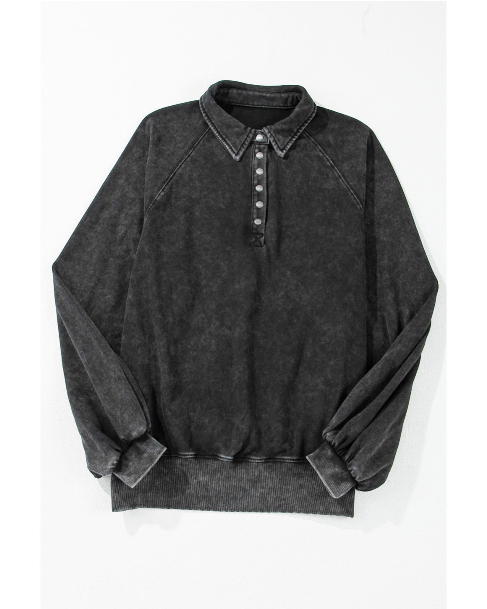 Black Solid Snap Buttons Collared Balloon Sleeve Oversized Sweatshirt - XL