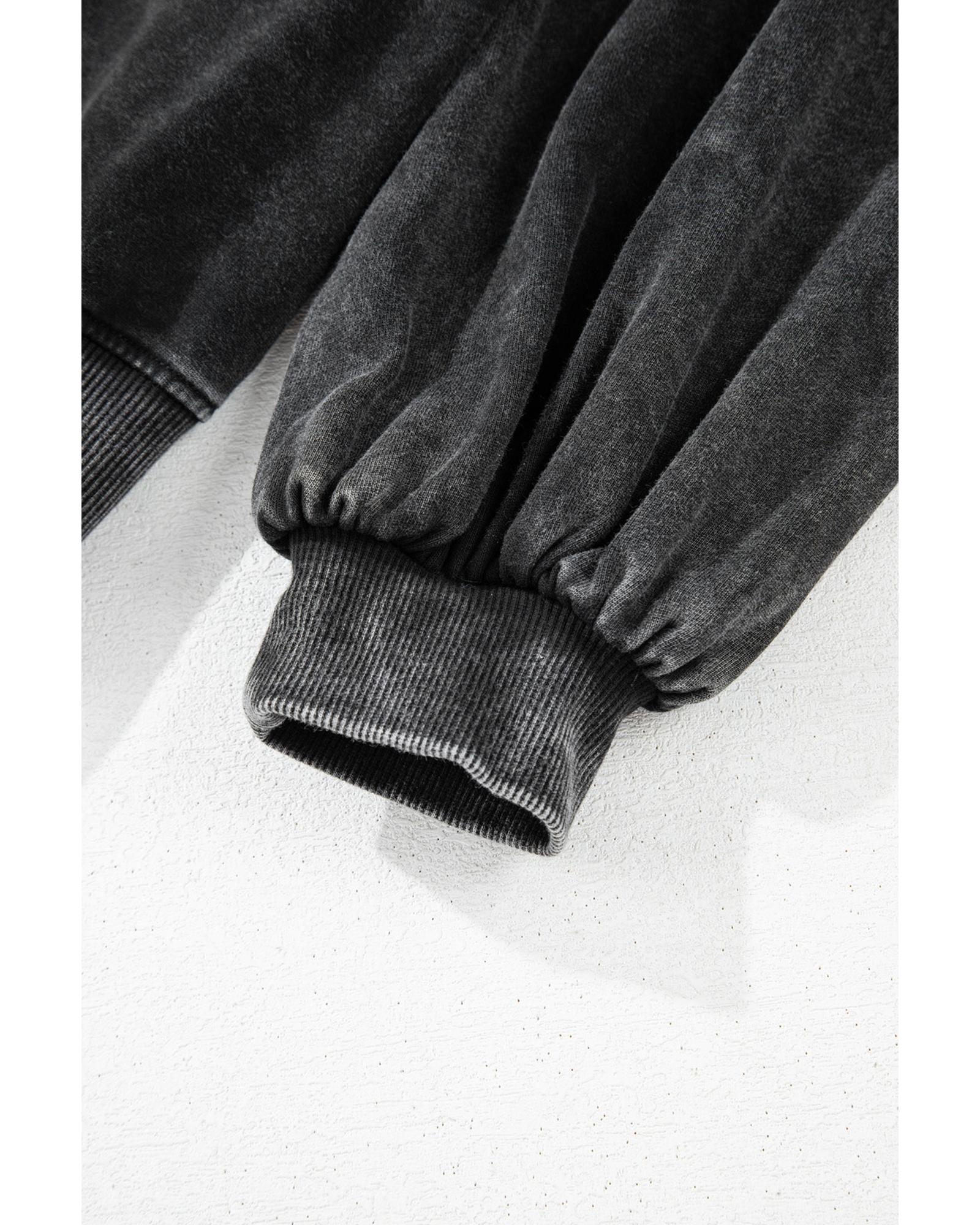 Black Solid Snap Buttons Collared Balloon Sleeve Oversized Sweatshirt - XL