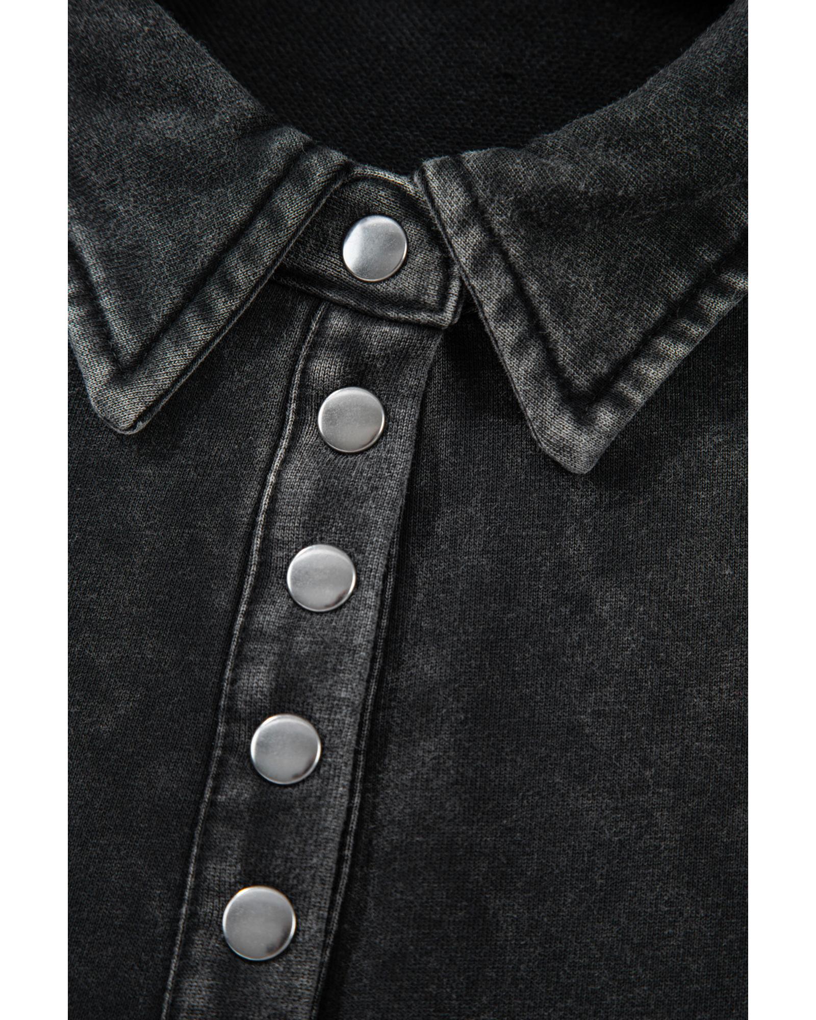 Black Solid Snap Buttons Collared Balloon Sleeve Oversized Sweatshirt - XL