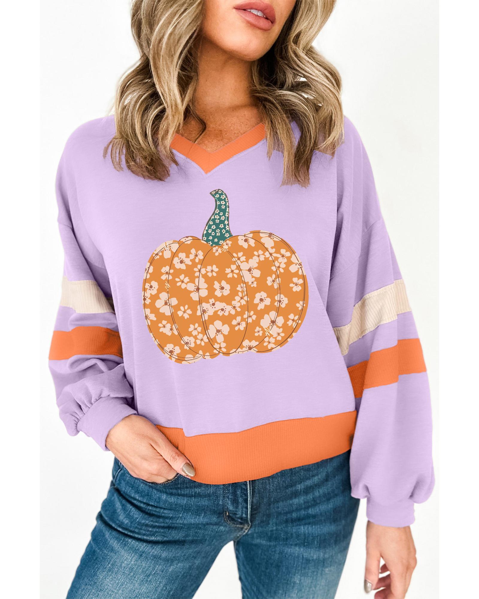Orchid Bouquet Halloween Floral Pumpkin Color Block V Neck Sweatshirt - XL
