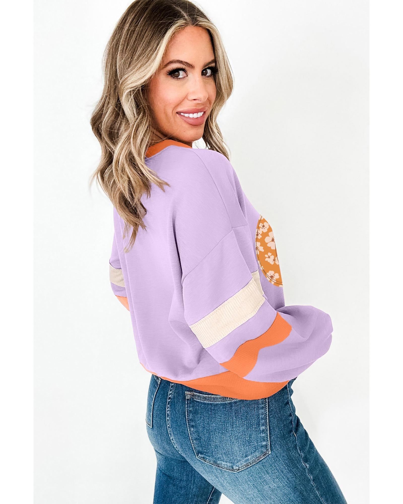 Orchid Bouquet Halloween Floral Pumpkin Color Block V Neck Sweatshirt - XL