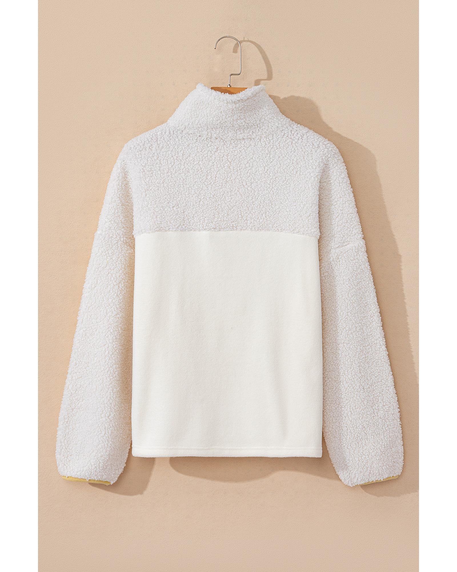 Beige Fleece Colorblock Trim Buttons Collar Sweatshirt with Pocket - XL