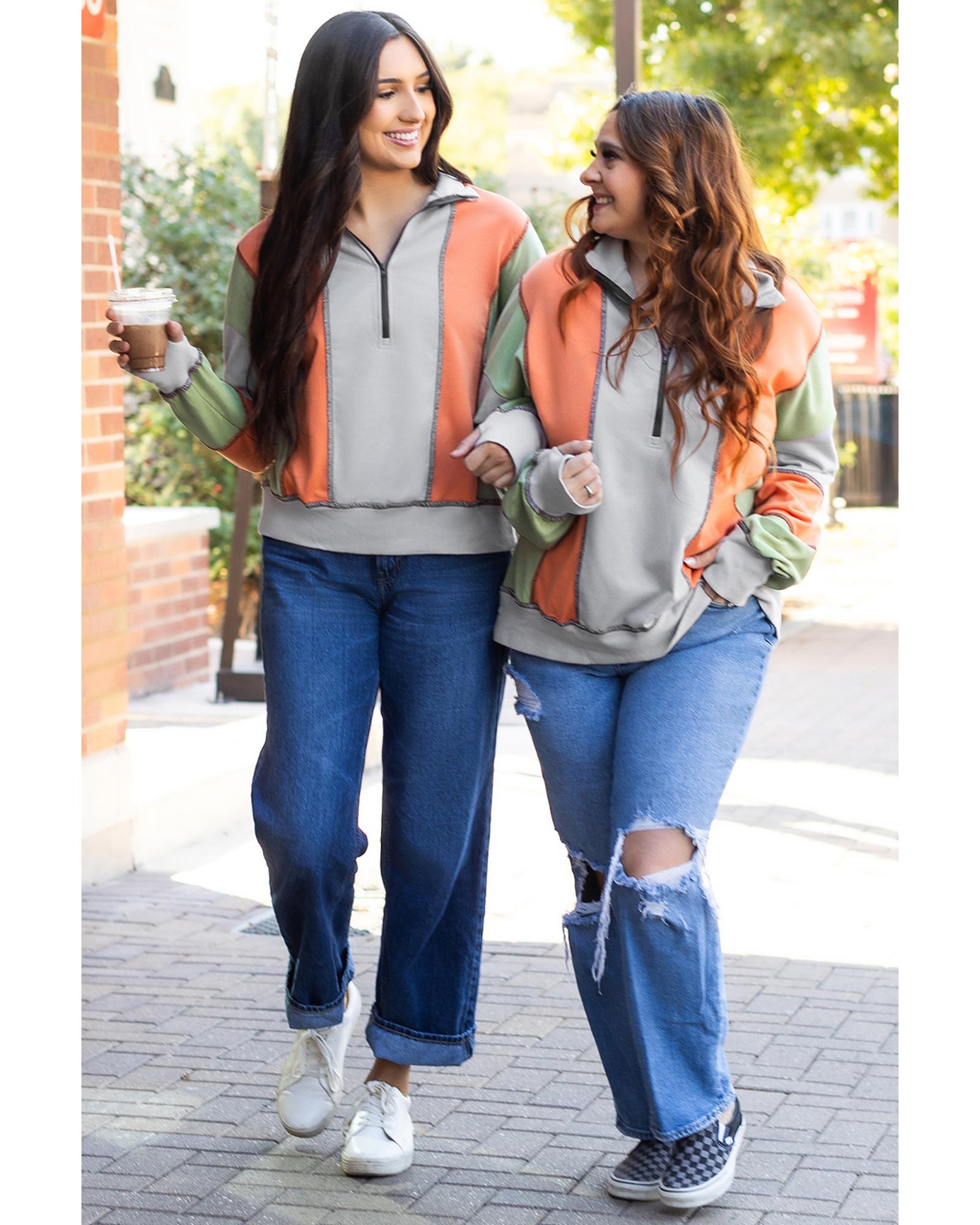 Light Grey Color Block Stitching Detail Half Zipper Sweatshirt - 3XL