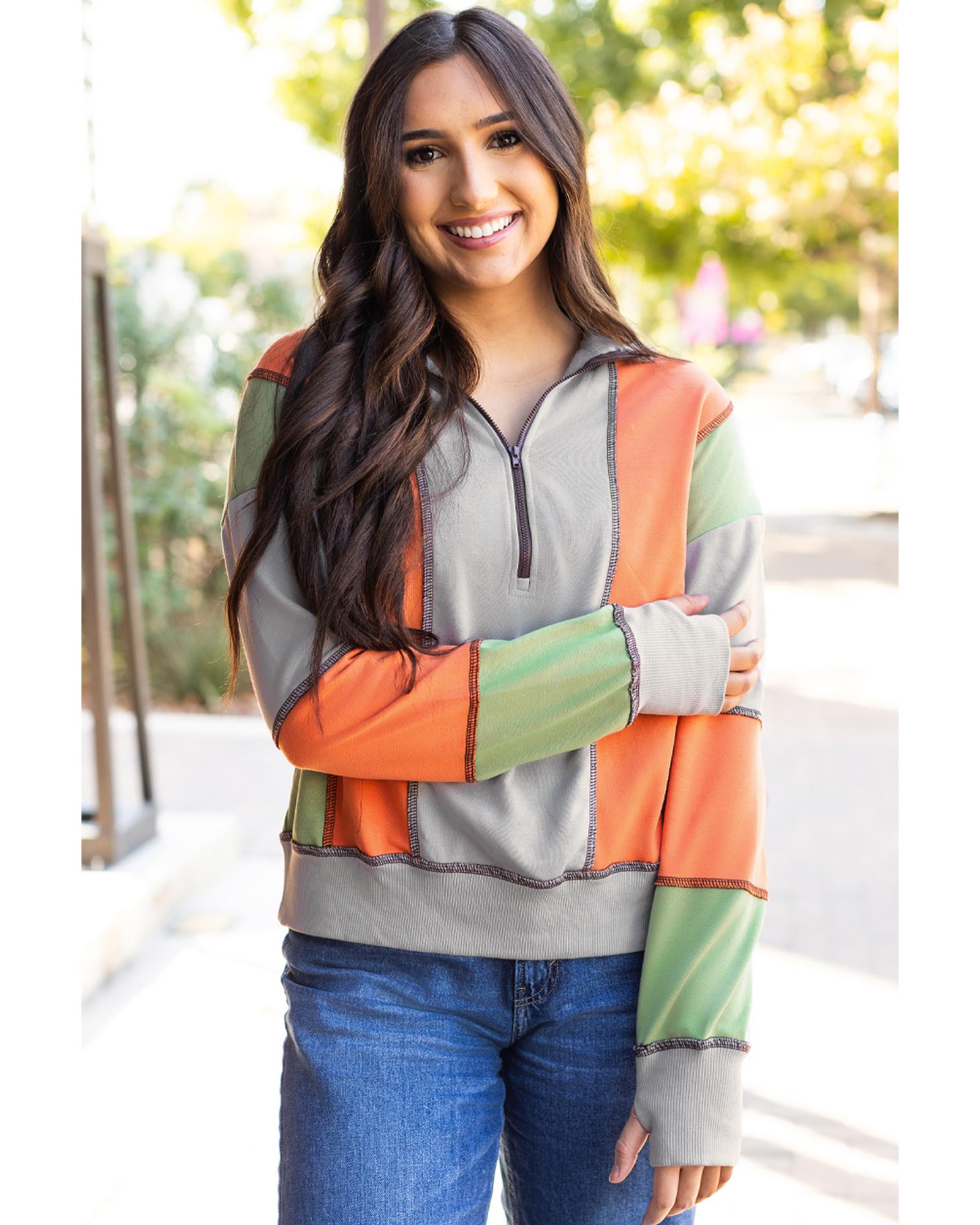 Light Grey Color Block Stitching Detail Half Zipper Sweatshirt - S