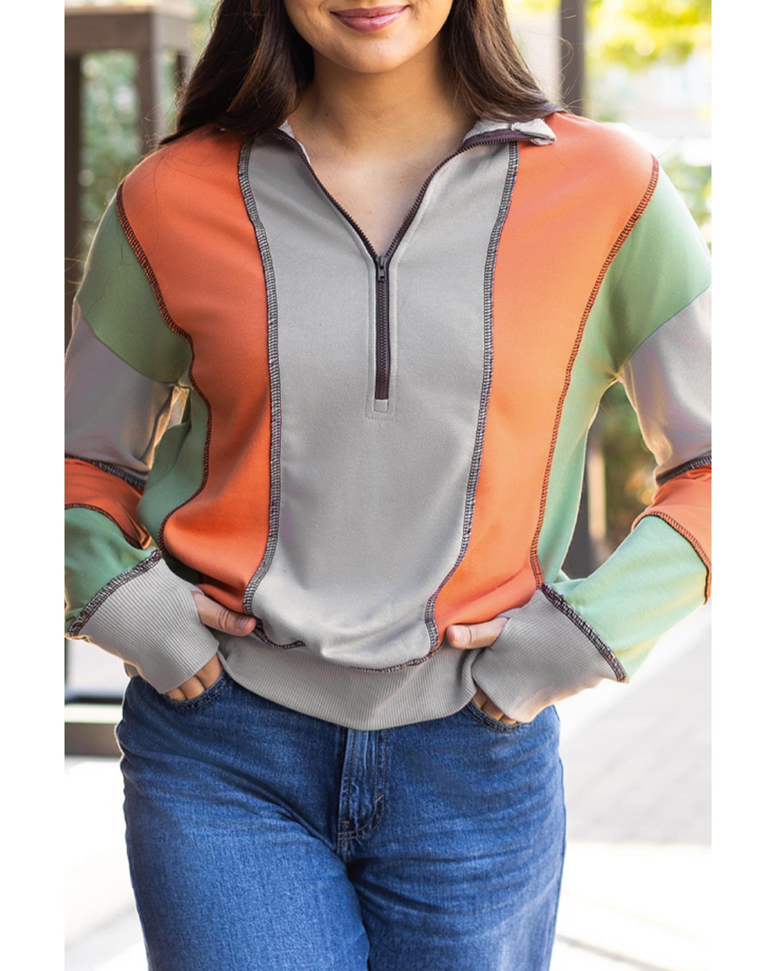 Light Grey Color Block Stitching Detail Half Zipper Sweatshirt - S