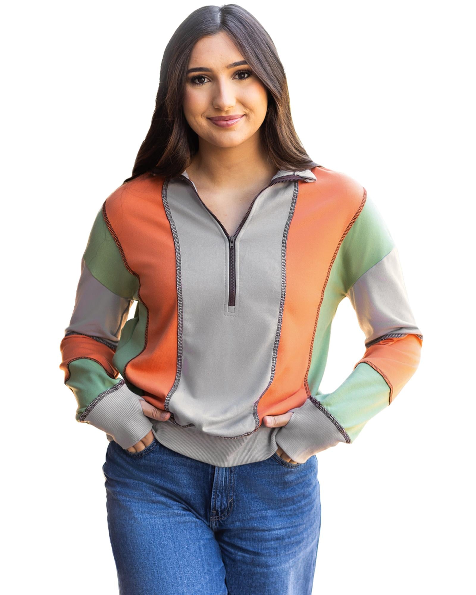 Light Grey Color Block Stitching Detail Half Zipper Sweatshirt - S