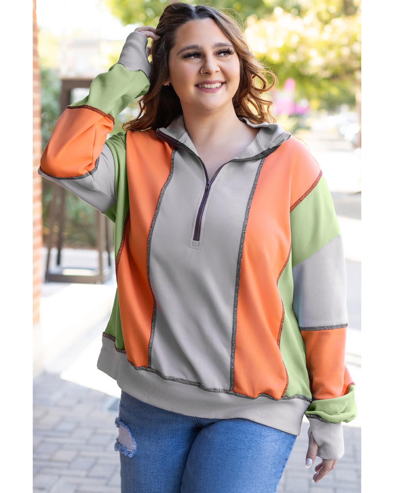 Light Grey Color Block Stitching Detail Half Zipper Sweatshirt - XL