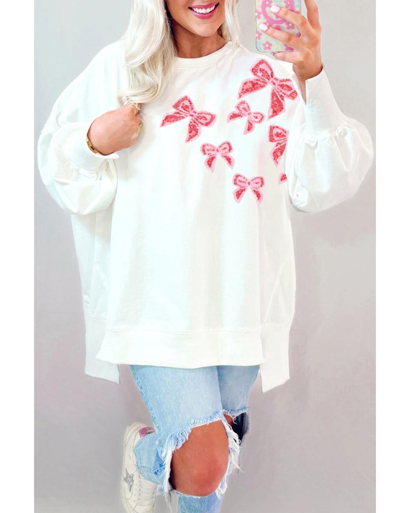 White Sequin Bowknot High Low Oversize Sweatshirt - M