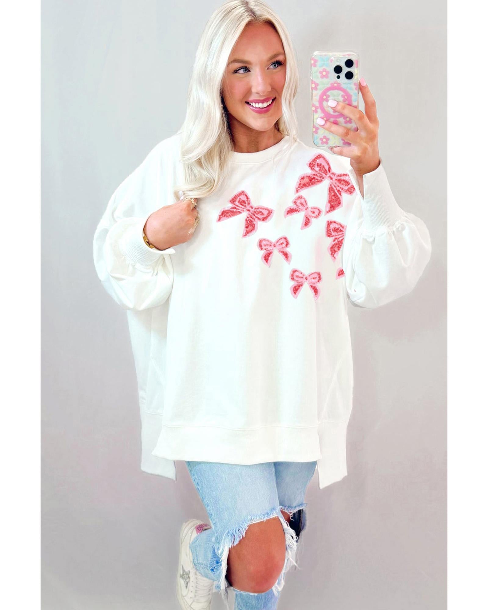 White Sequin Bowknot High Low Oversize Sweatshirt - M