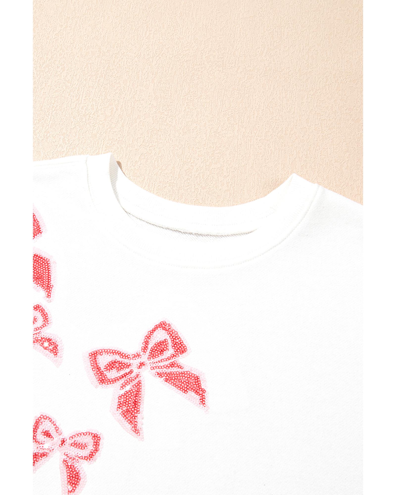 White Sequin Bowknot High Low Oversize Sweatshirt - M