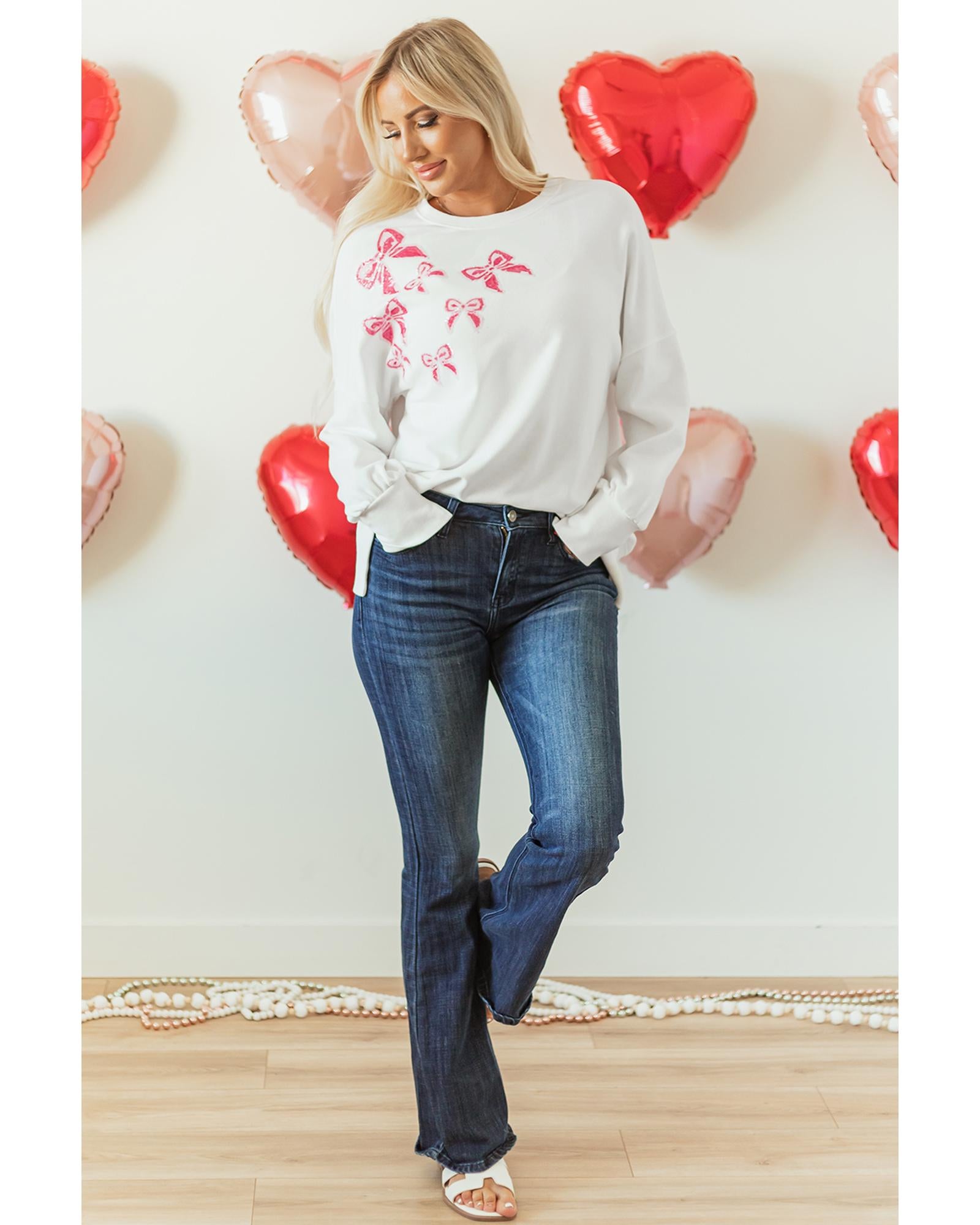 White Sequin Bowknot High Low Oversize Sweatshirt - M