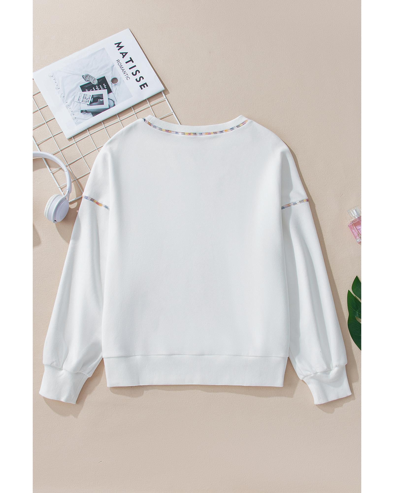 White Sequin Rugby Football Pattern Exposed Seam Game Day Sweatshirt - L