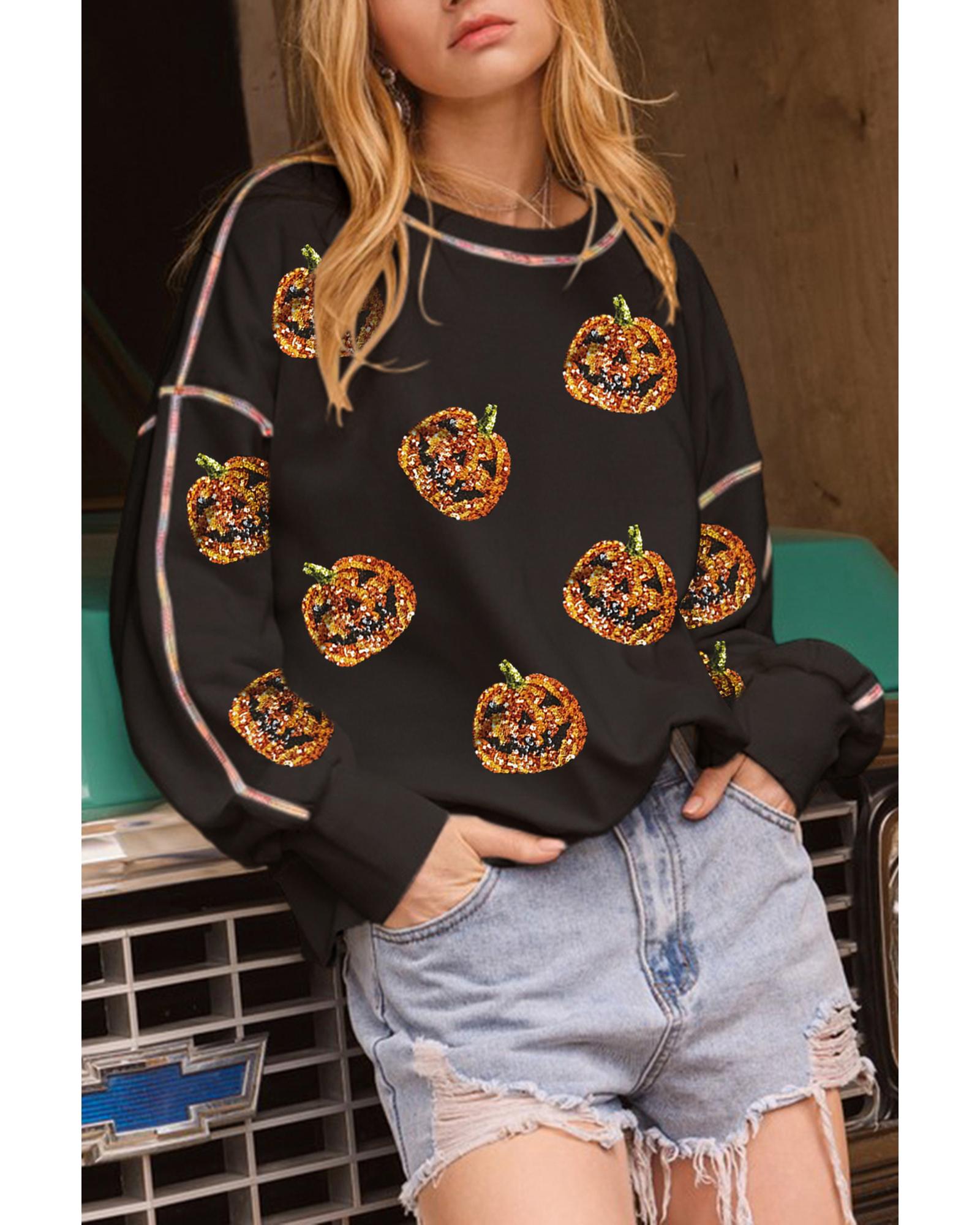 Black Sequin Pumpkin Face Graphic Exposed Seam Halloween Sweatshirt - L