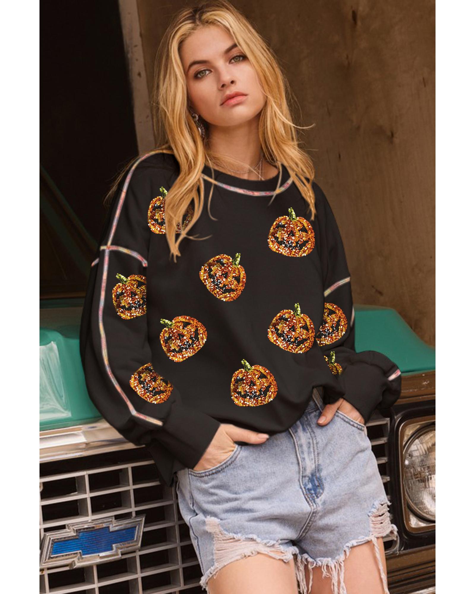 Black Sequin Pumpkin Face Graphic Exposed Seam Halloween Sweatshirt - M