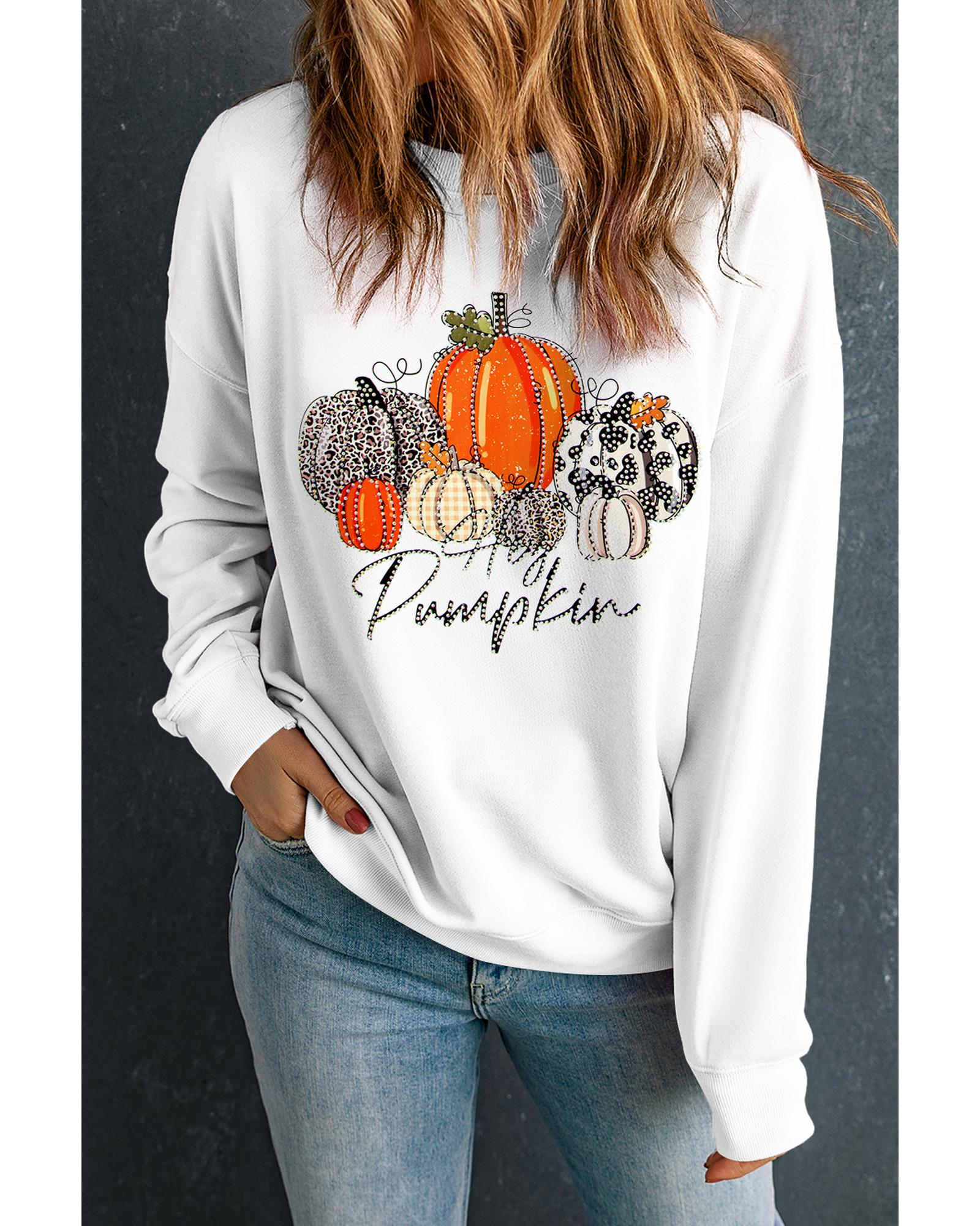 Beige Rhinestone Pumpkin Graphic Crewneck Thanksgiving Sweatshirt - L