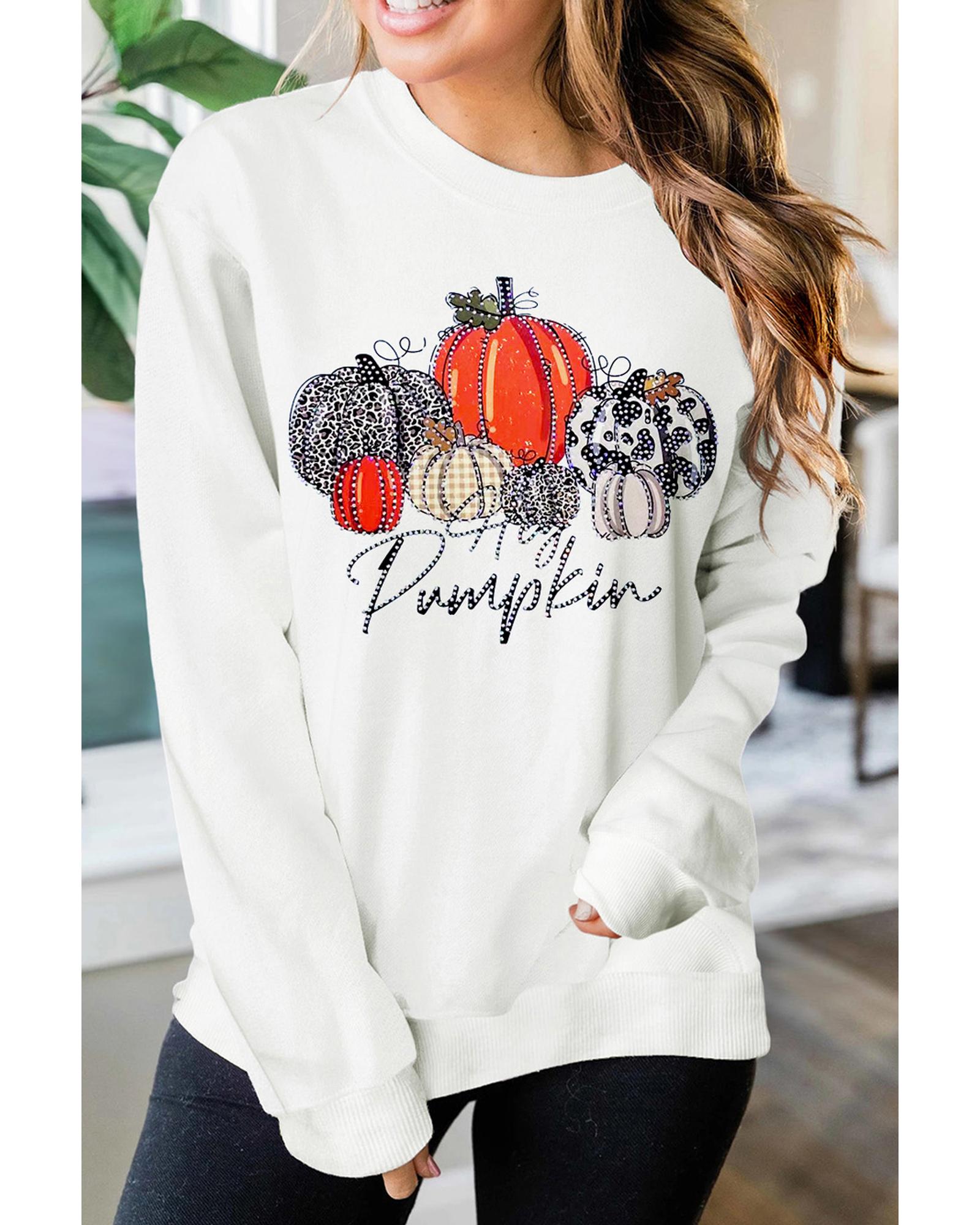 Beige Rhinestone Pumpkin Graphic Crewneck Thanksgiving Sweatshirt - L