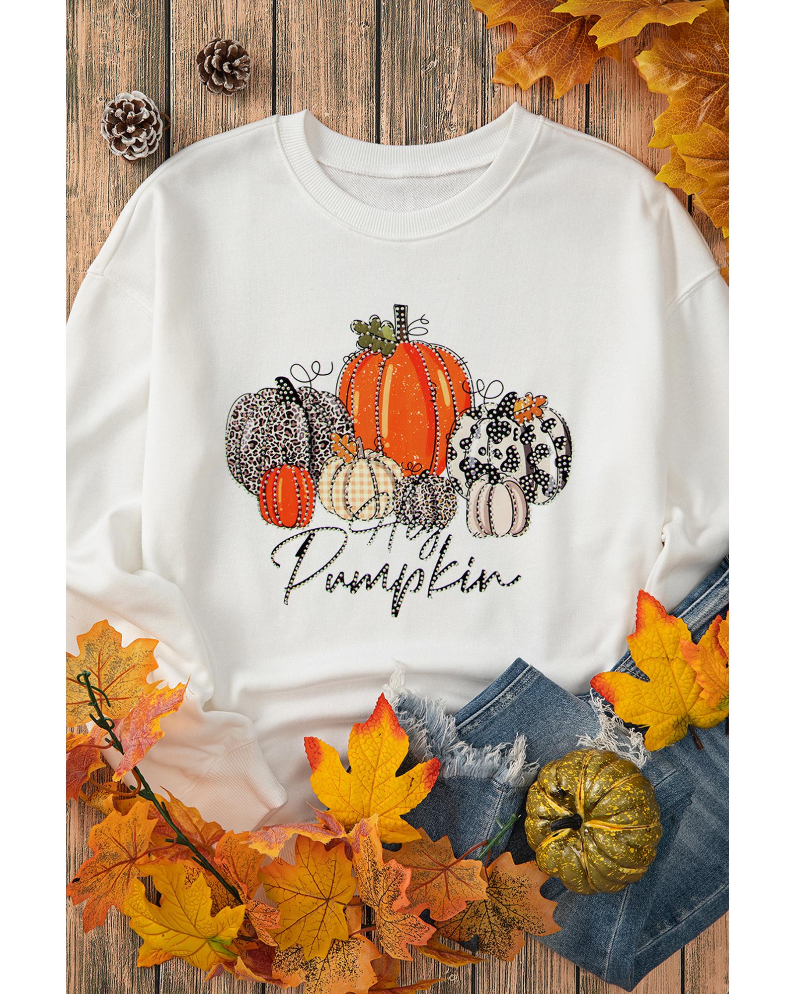 Beige Rhinestone Pumpkin Graphic Crewneck Thanksgiving Sweatshirt - M