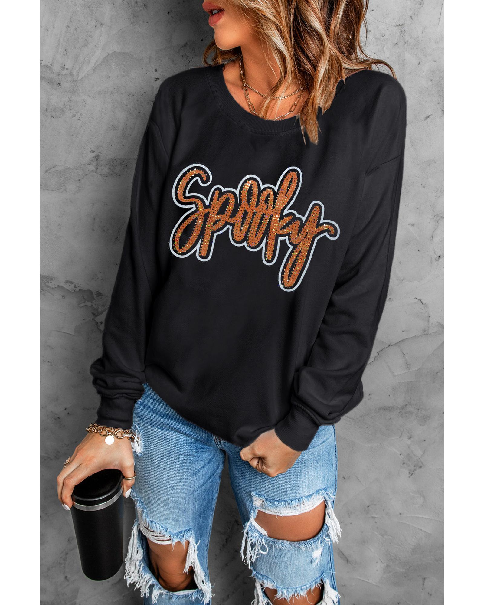 Black Spooky Rhinestone Drop Shoulder Graphic Sweatshirt - XL