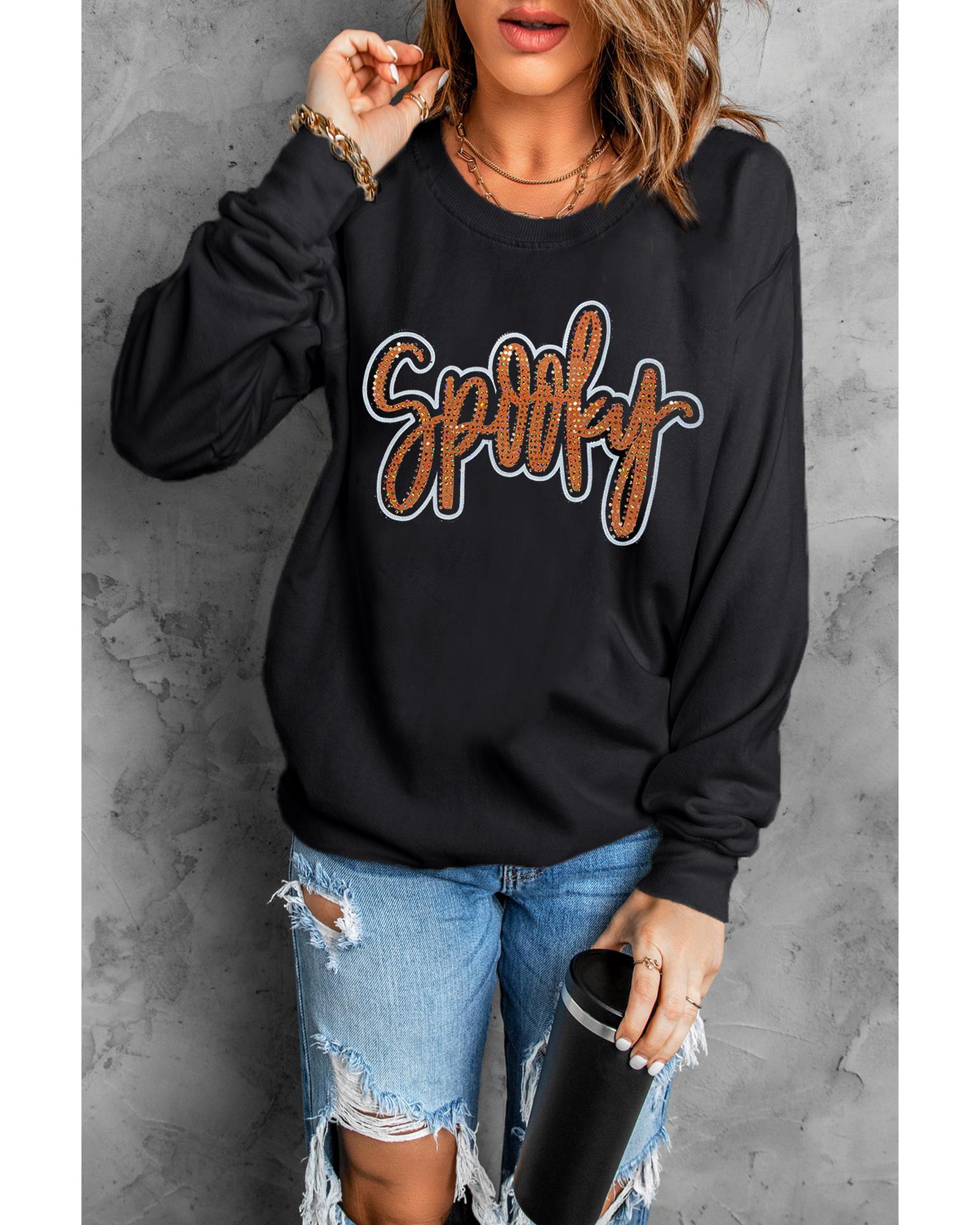 Black Spooky Rhinestone Drop Shoulder Graphic Sweatshirt - XL
