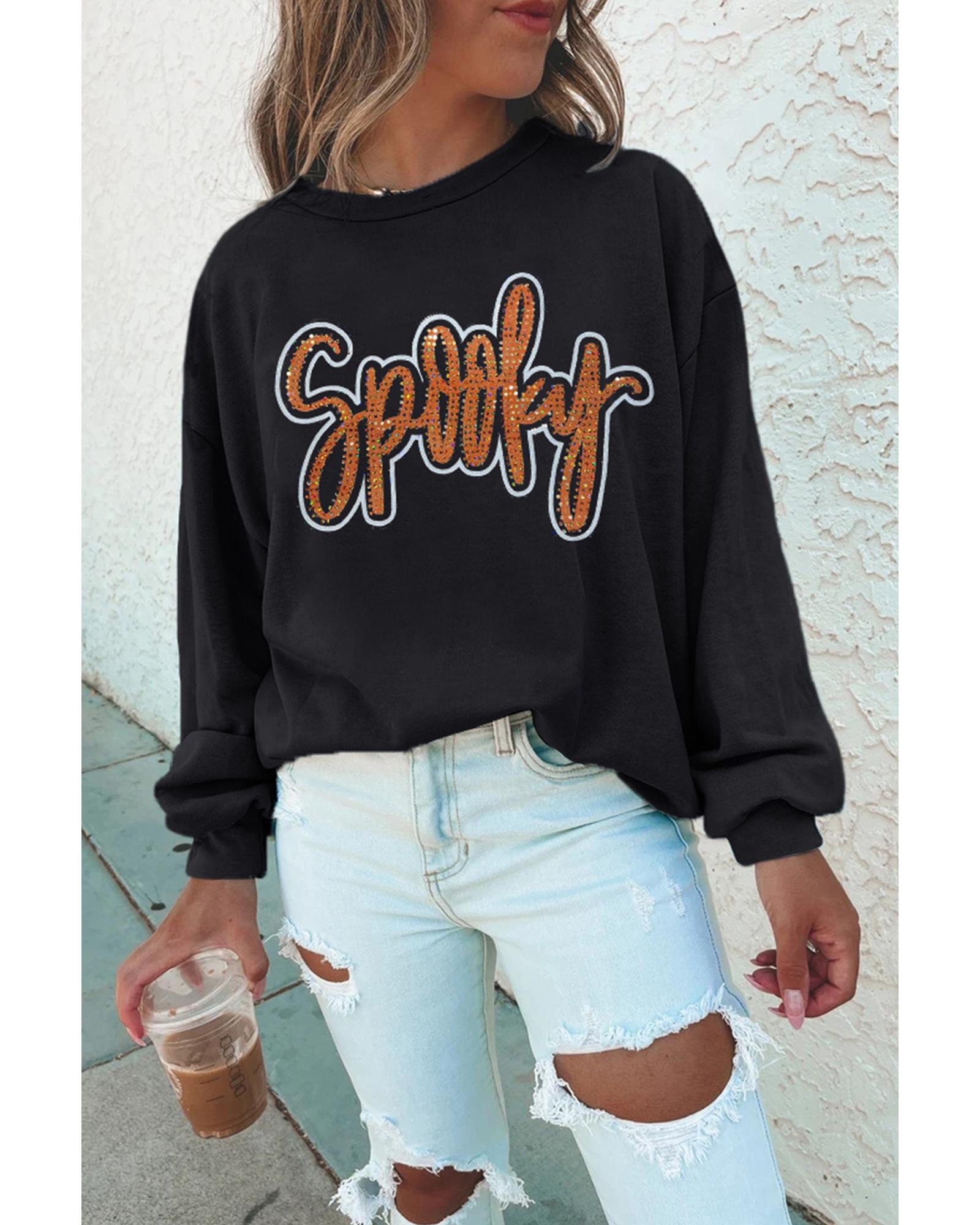 Black Spooky Rhinestone Drop Shoulder Graphic Sweatshirt - XL