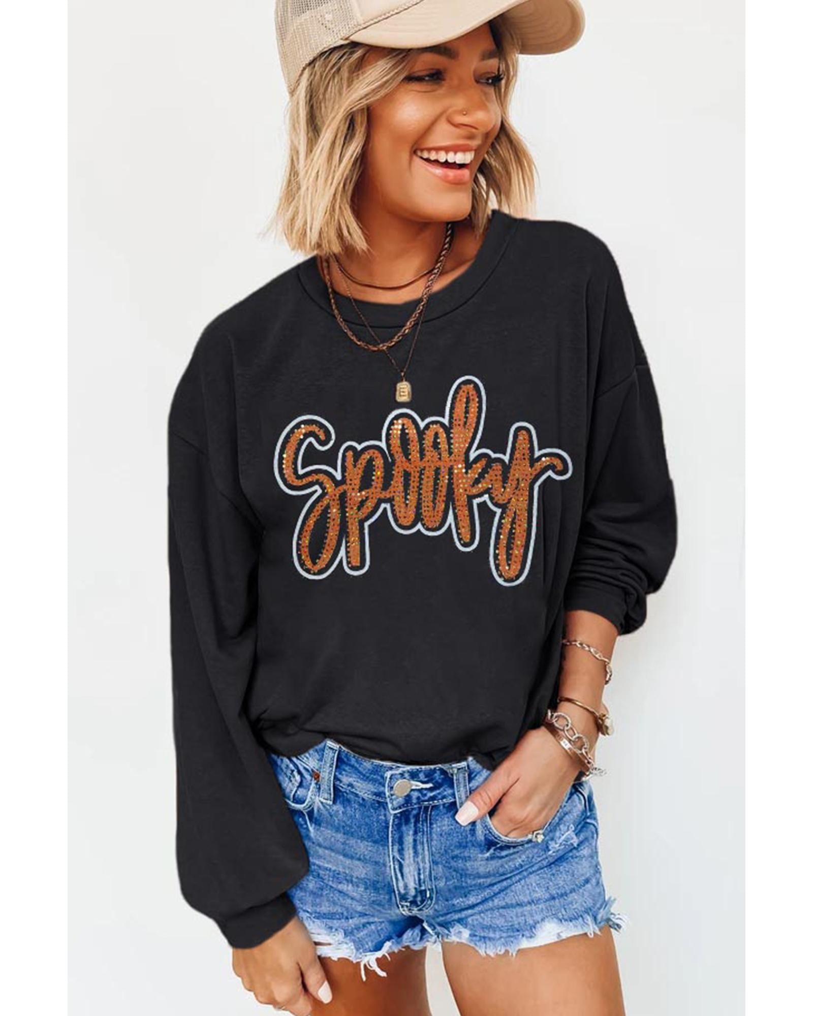 Black Spooky Rhinestone Drop Shoulder Graphic Sweatshirt - XL