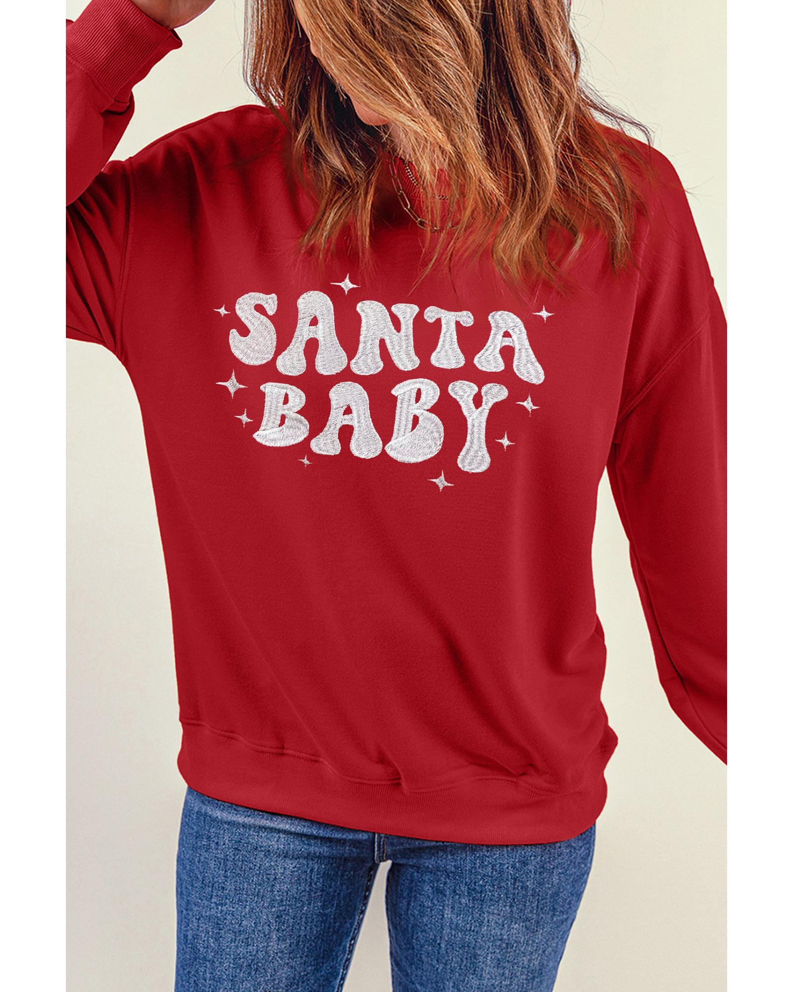 Red SANTA BABY Embroidered Crewneck Christmas Sweatshirt - S