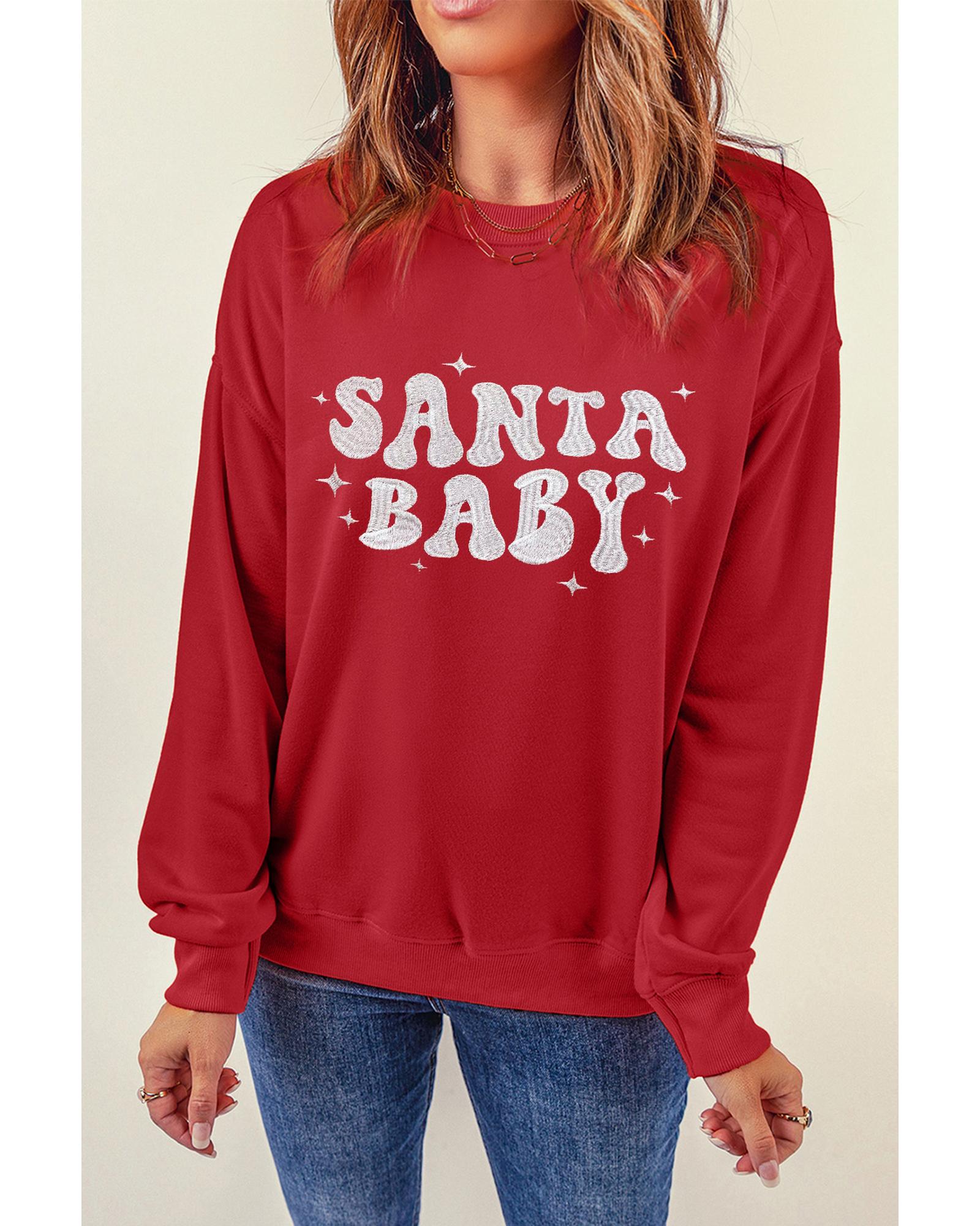 Red SANTA BABY Embroidered Crewneck Christmas Sweatshirt - S