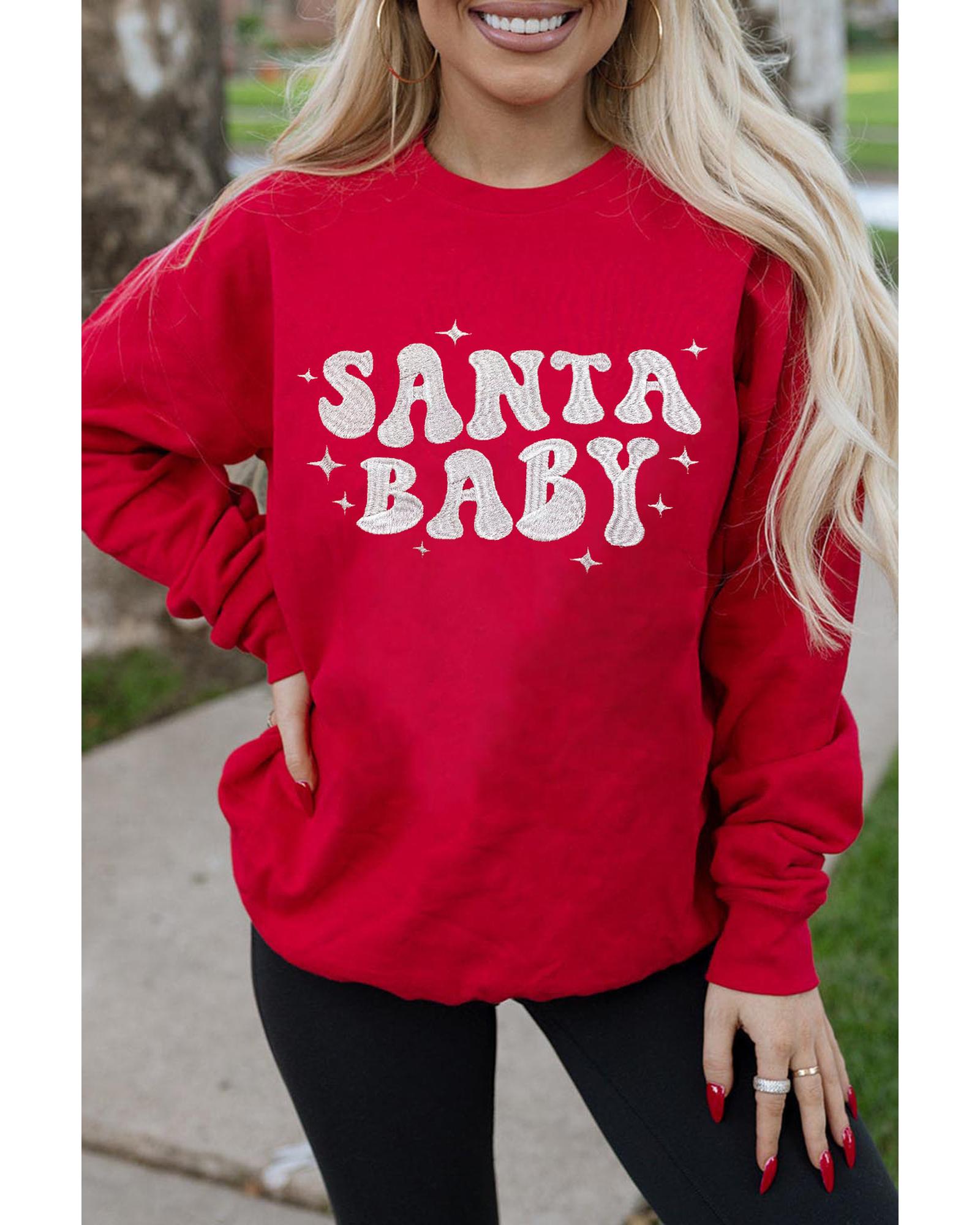 Red SANTA BABY Embroidered Crewneck Christmas Sweatshirt - S