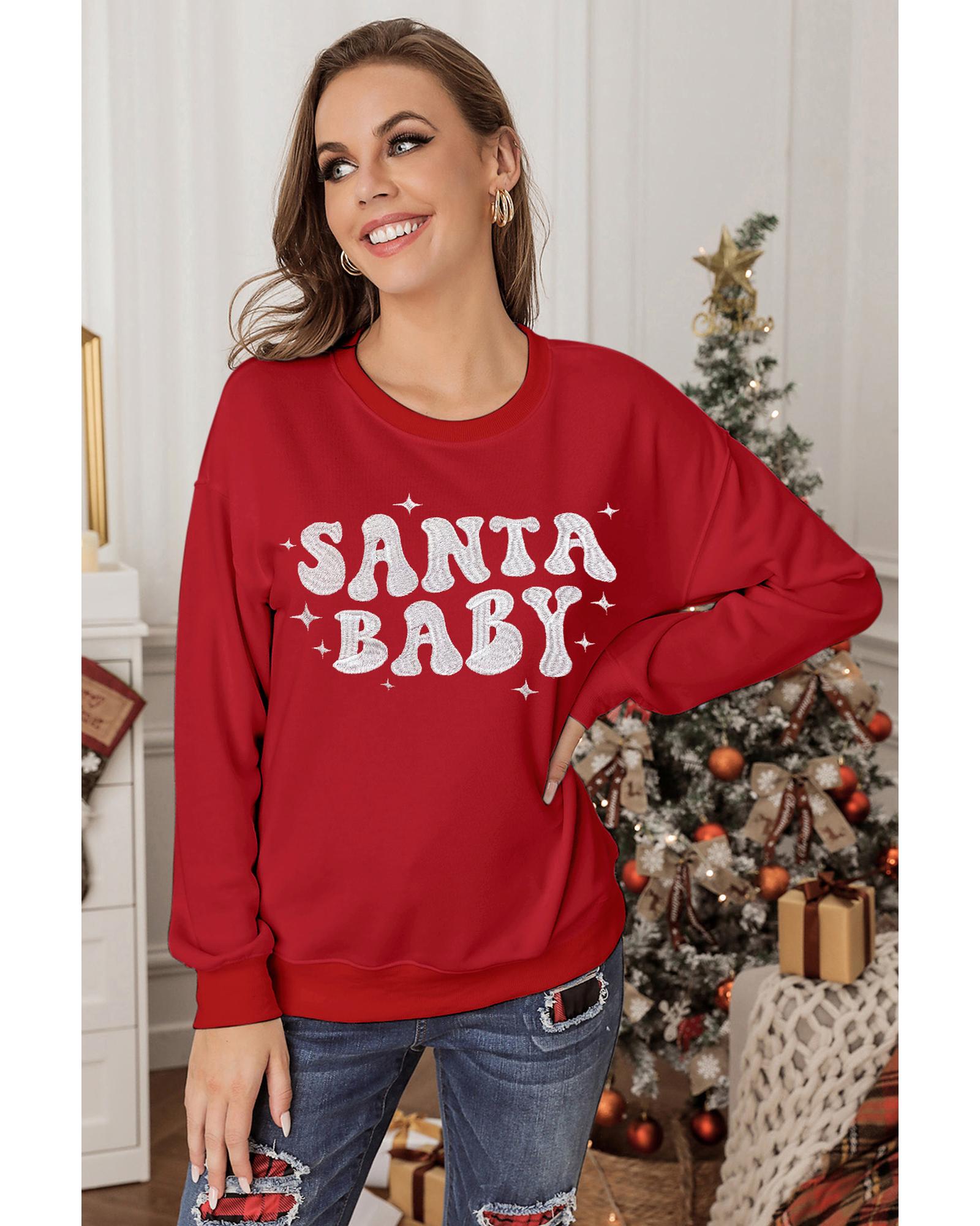 Red SANTA BABY Embroidered Crewneck Christmas Sweatshirt - S