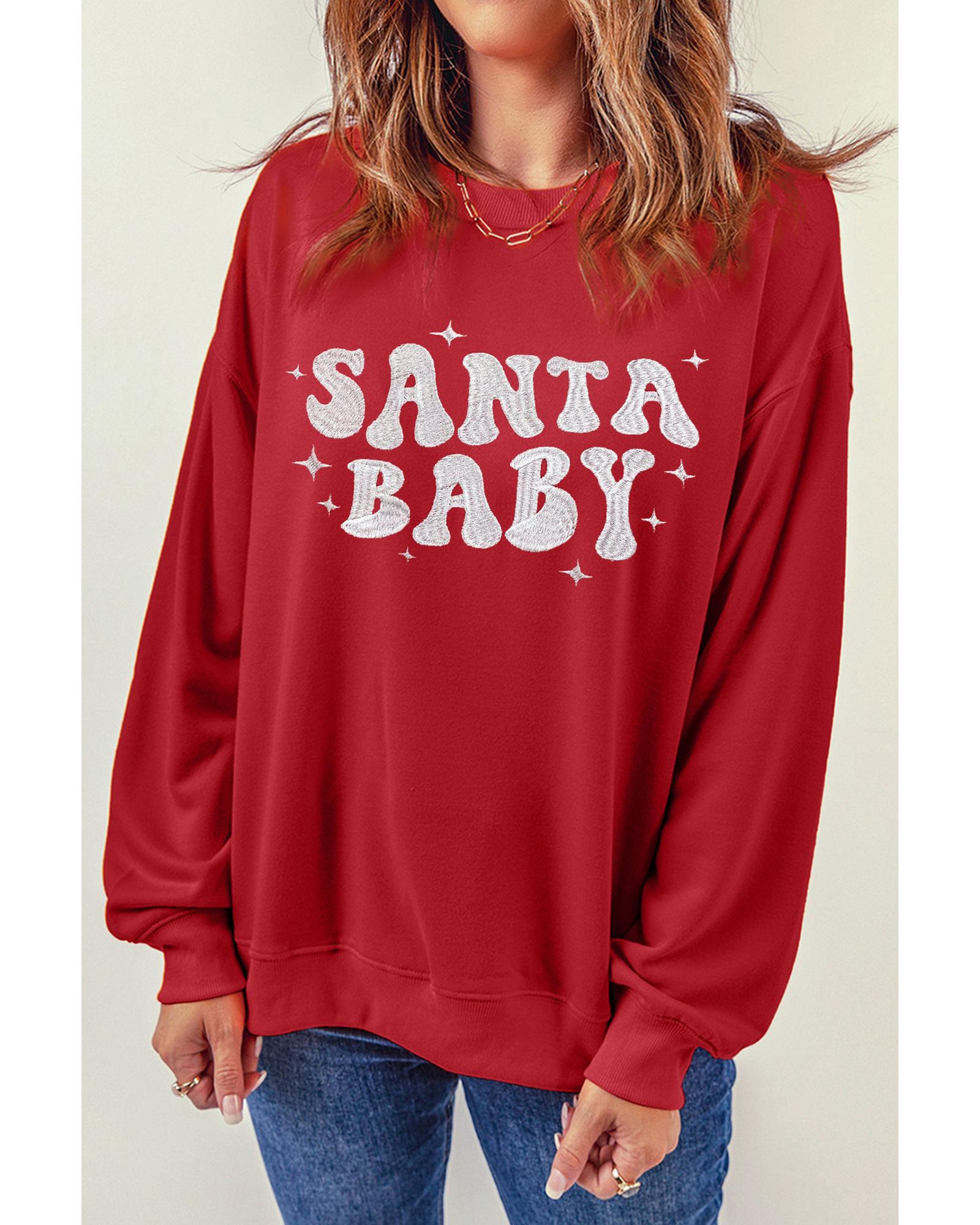 Red SANTA BABY Embroidered Crewneck Christmas Sweatshirt - XL