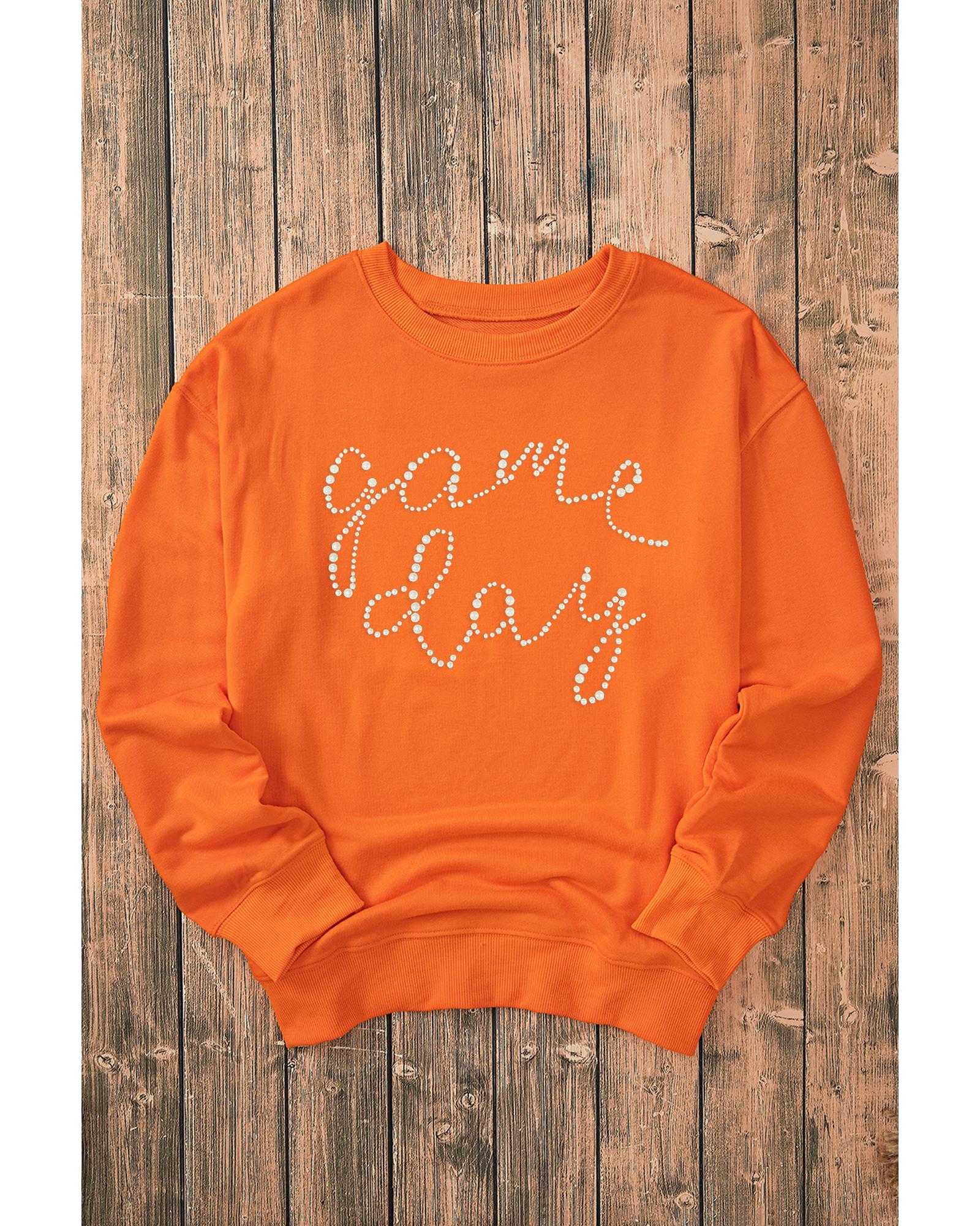 Orange Rhinestone game day Pattern Drop Shoulder Sweatshirt - S