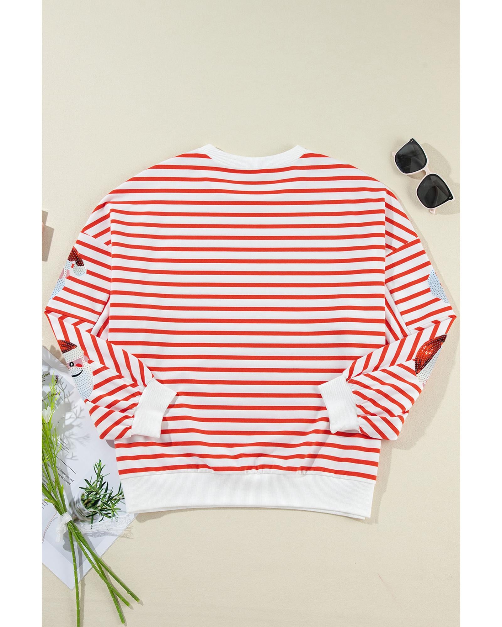 Orange Stripe Striped Sequin Santa Claus Pattern Christmas Pullover Sweatshirt - M