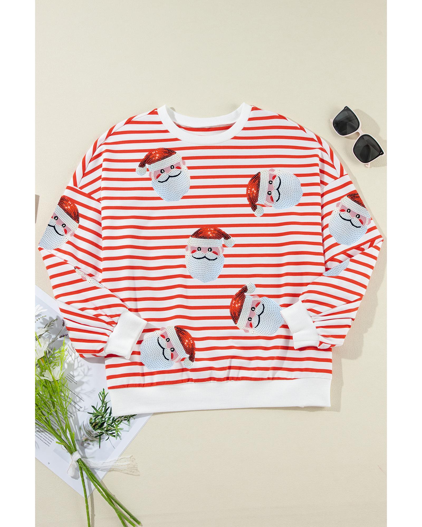 Orange Stripe Striped Sequin Santa Claus Pattern Christmas Pullover Sweatshirt - XL
