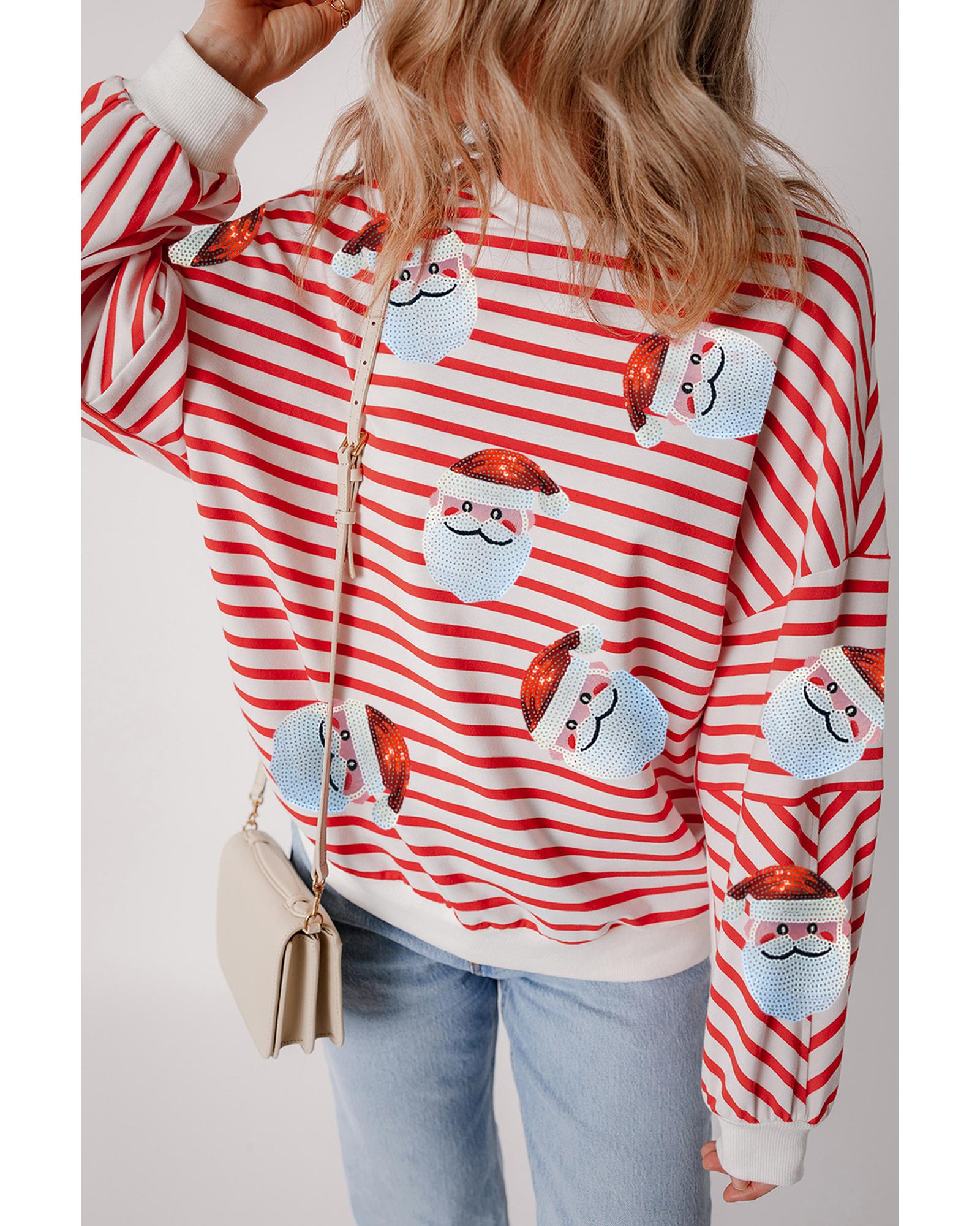 Orange Stripe Striped Sequin Santa Claus Pattern Christmas Pullover Sweatshirt - XL