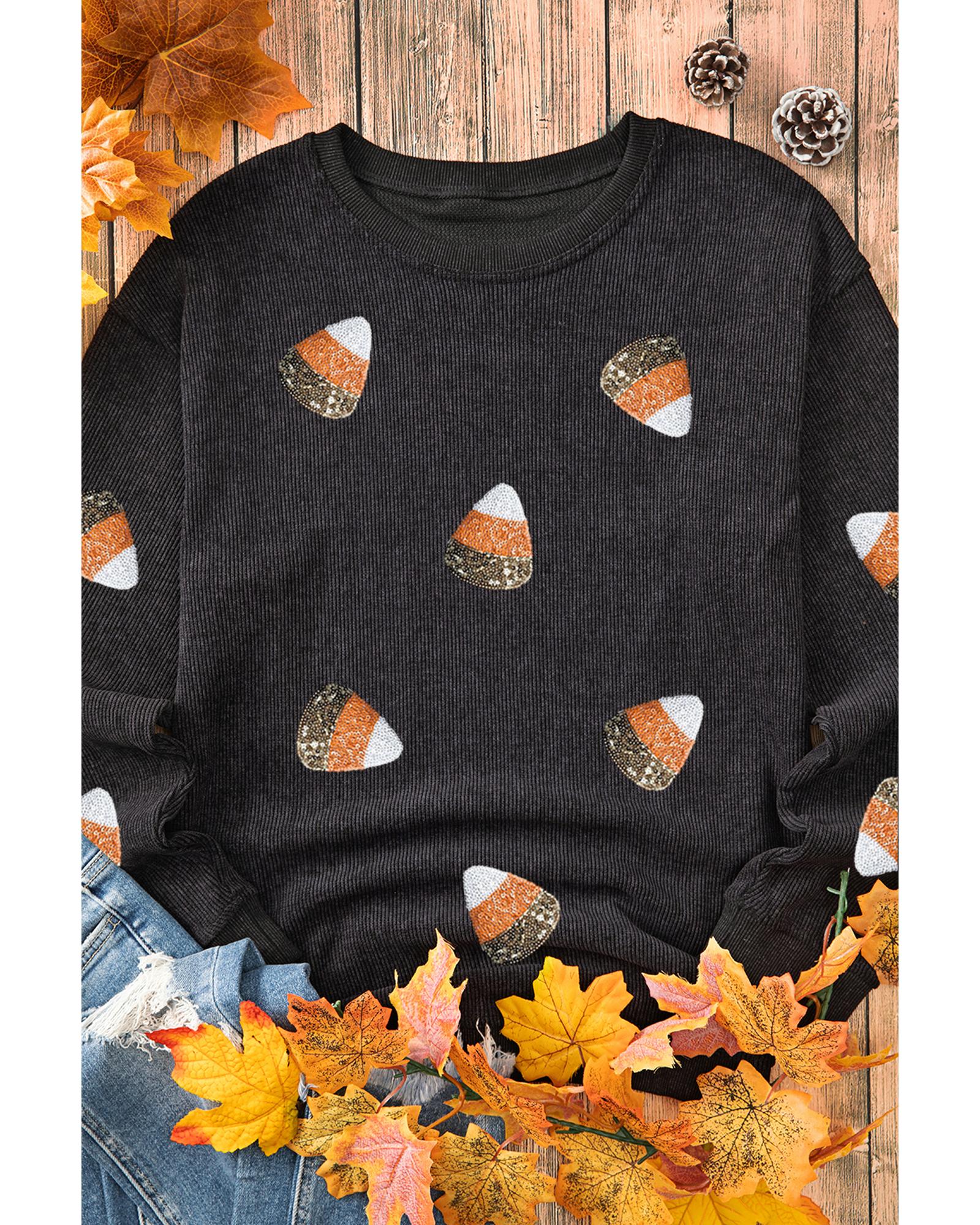 Black Sequin Candy Corn Patched Corded Halloween Sweatshirt - M