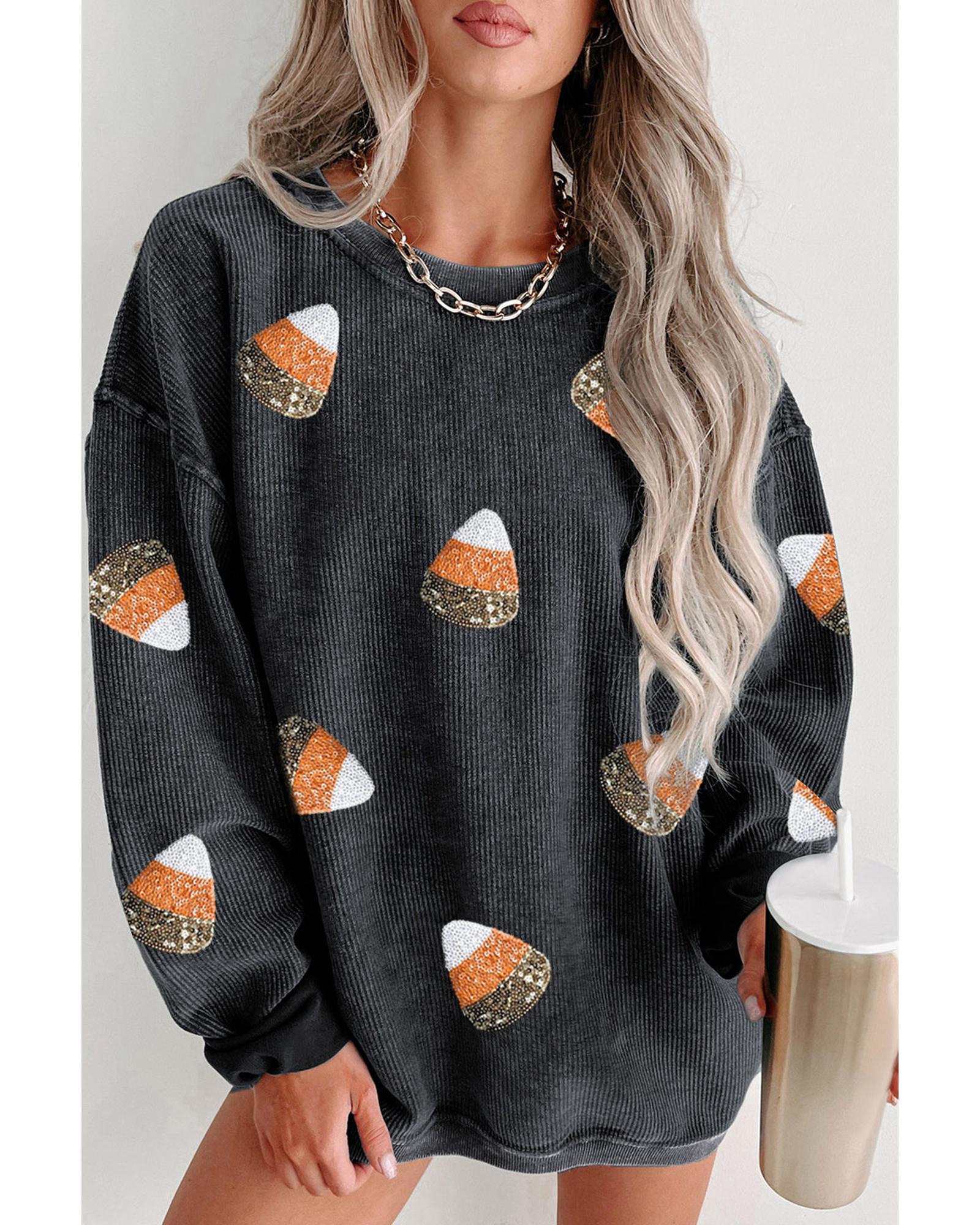 Black Sequin Candy Corn Patched Corded Halloween Sweatshirt - S