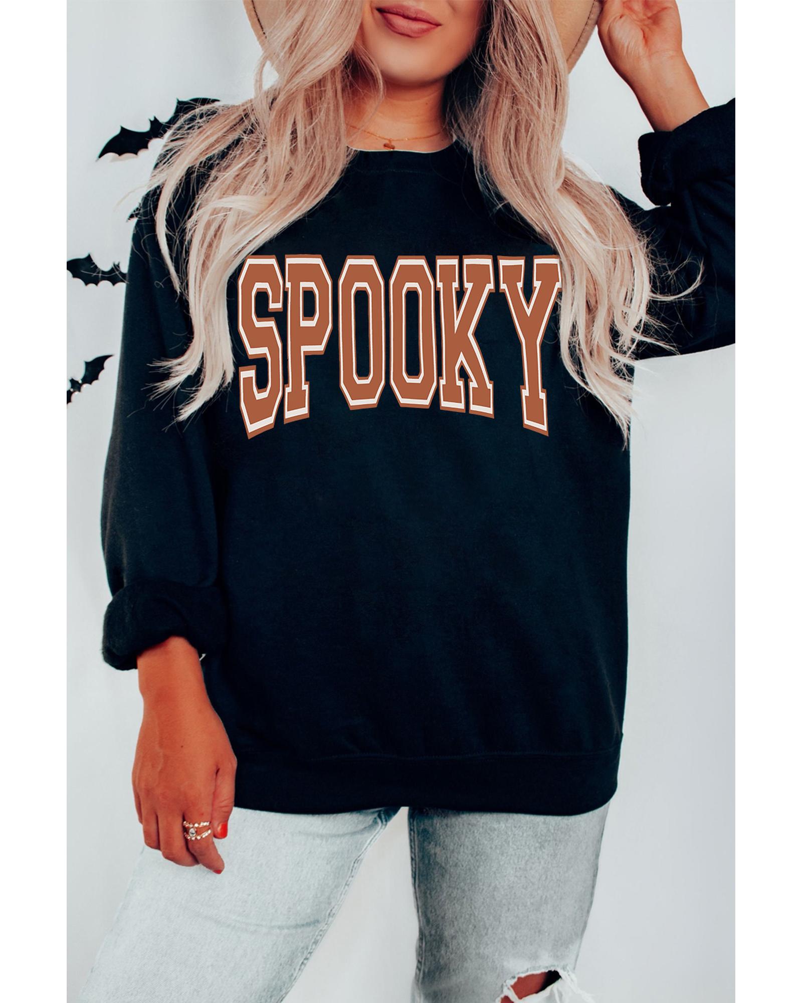 Black SPOOKY Graphic Drop Shoulder Halloween Pullover Sweatshirt - M