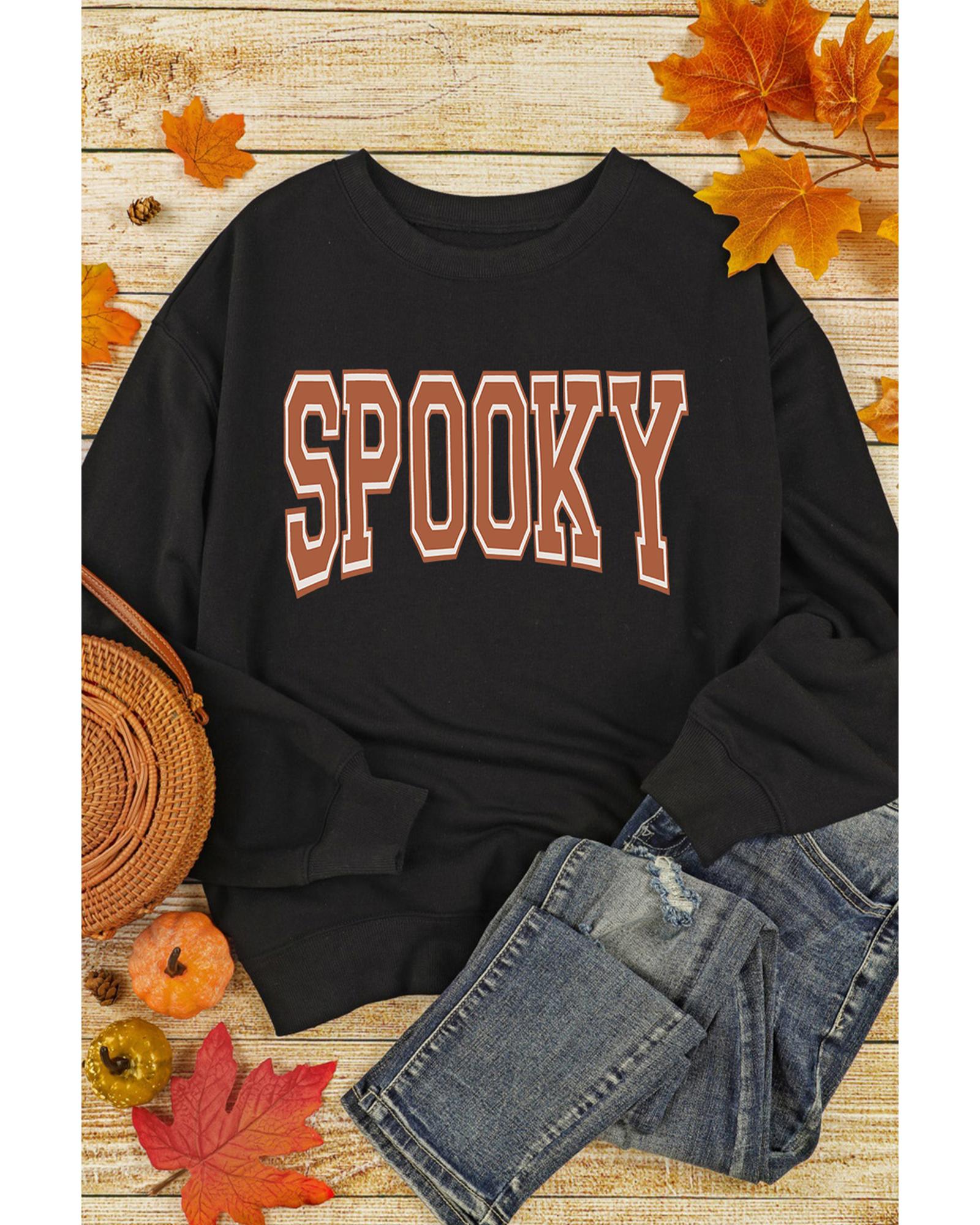 Black SPOOKY Graphic Drop Shoulder Halloween Pullover Sweatshirt - S