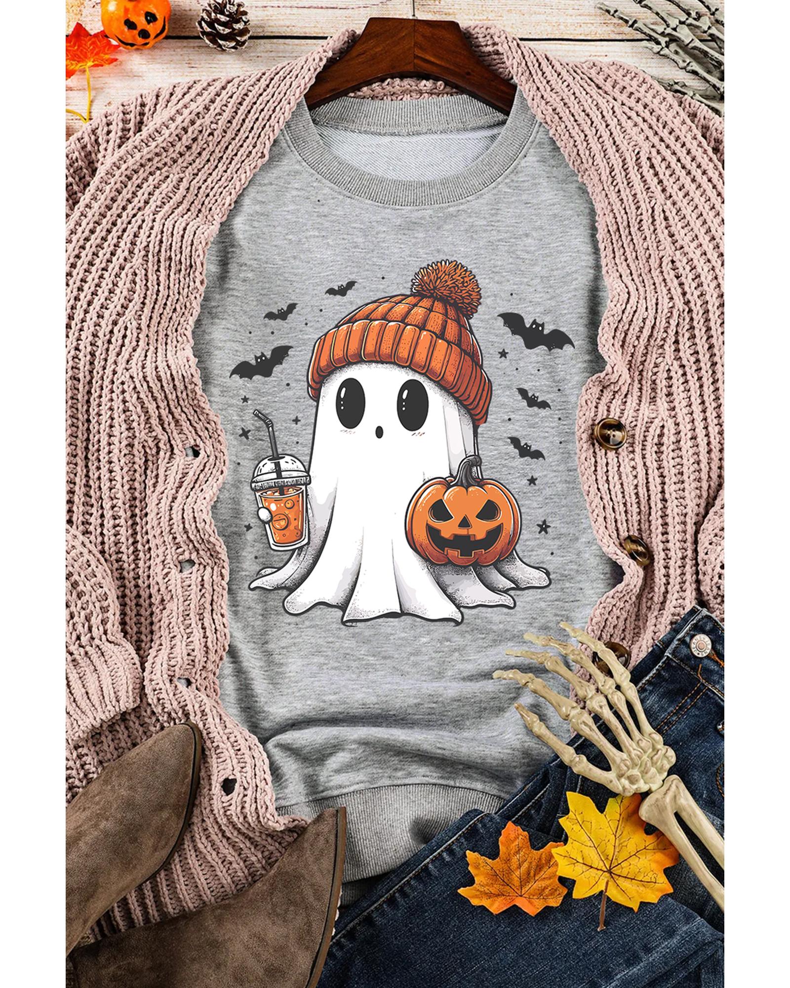 Gray Halloween Ghost Print Crewneck Drop Shoulder Sweatshirt - L