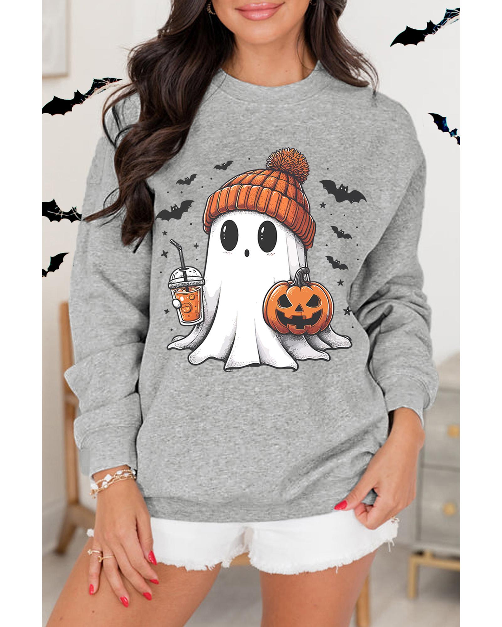 Gray Halloween Ghost Print Crewneck Drop Shoulder Sweatshirt - L