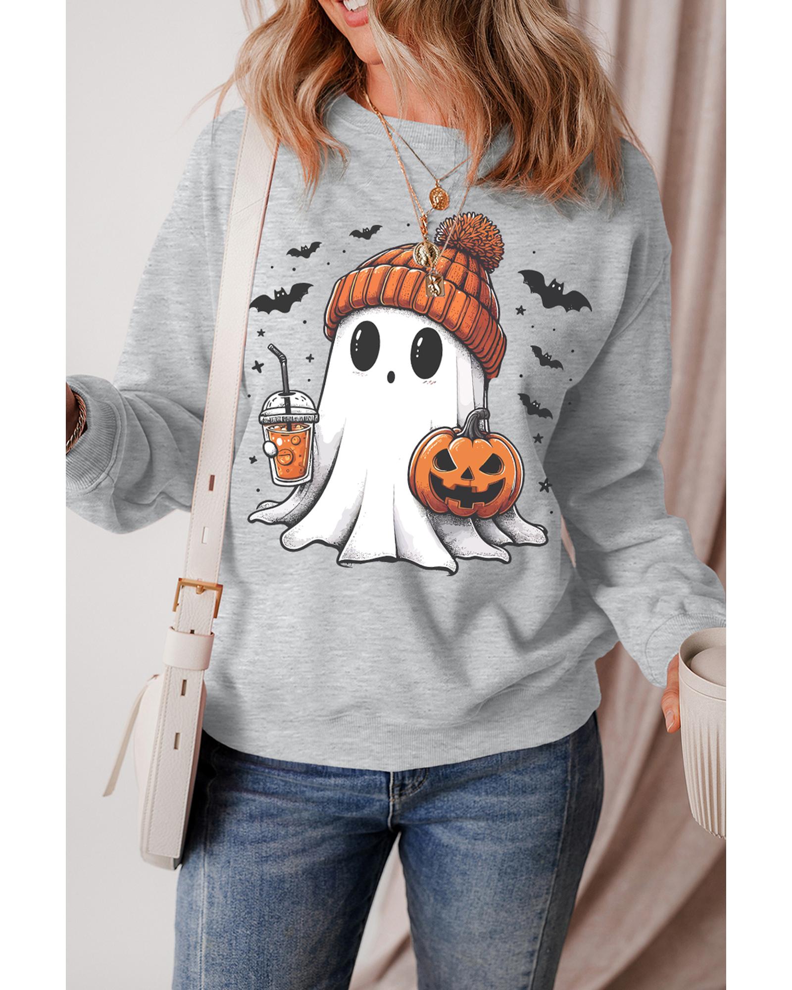 Gray Halloween Ghost Print Crewneck Drop Shoulder Sweatshirt - L