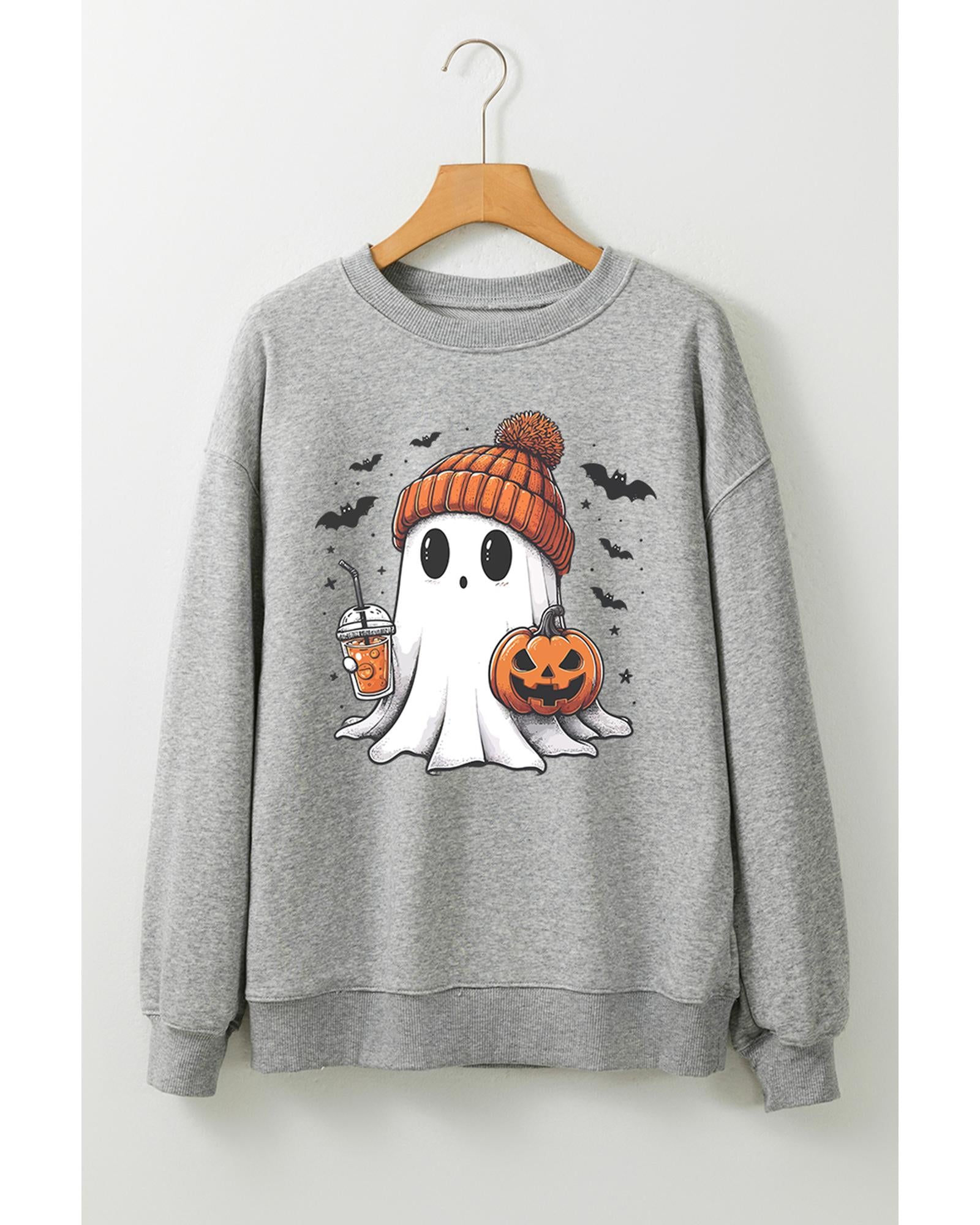 Gray Halloween Ghost Print Crewneck Drop Shoulder Sweatshirt - L