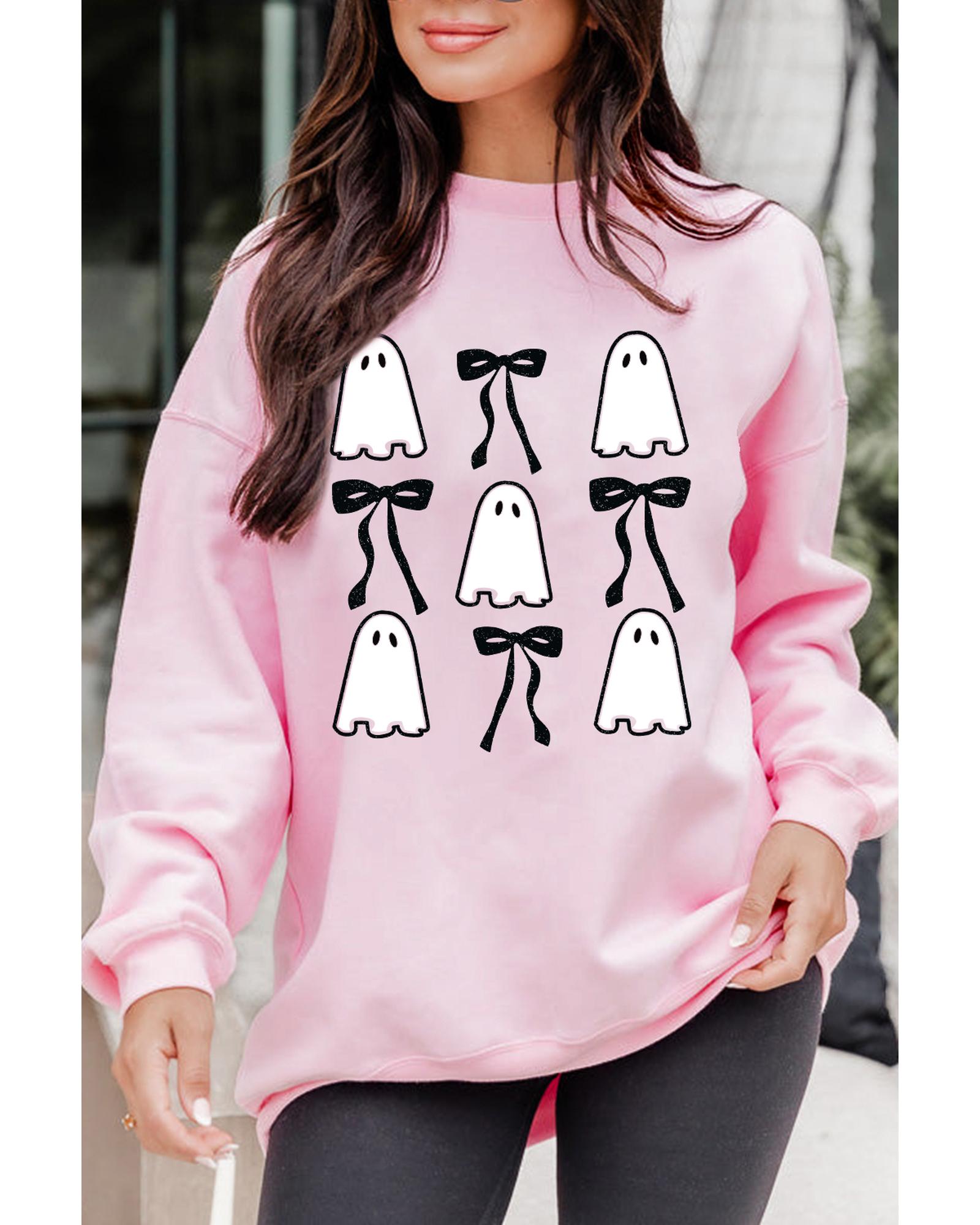 Pink Ghost Bowknot Printed Drop Shoulder Halloween Sweatshirt - L