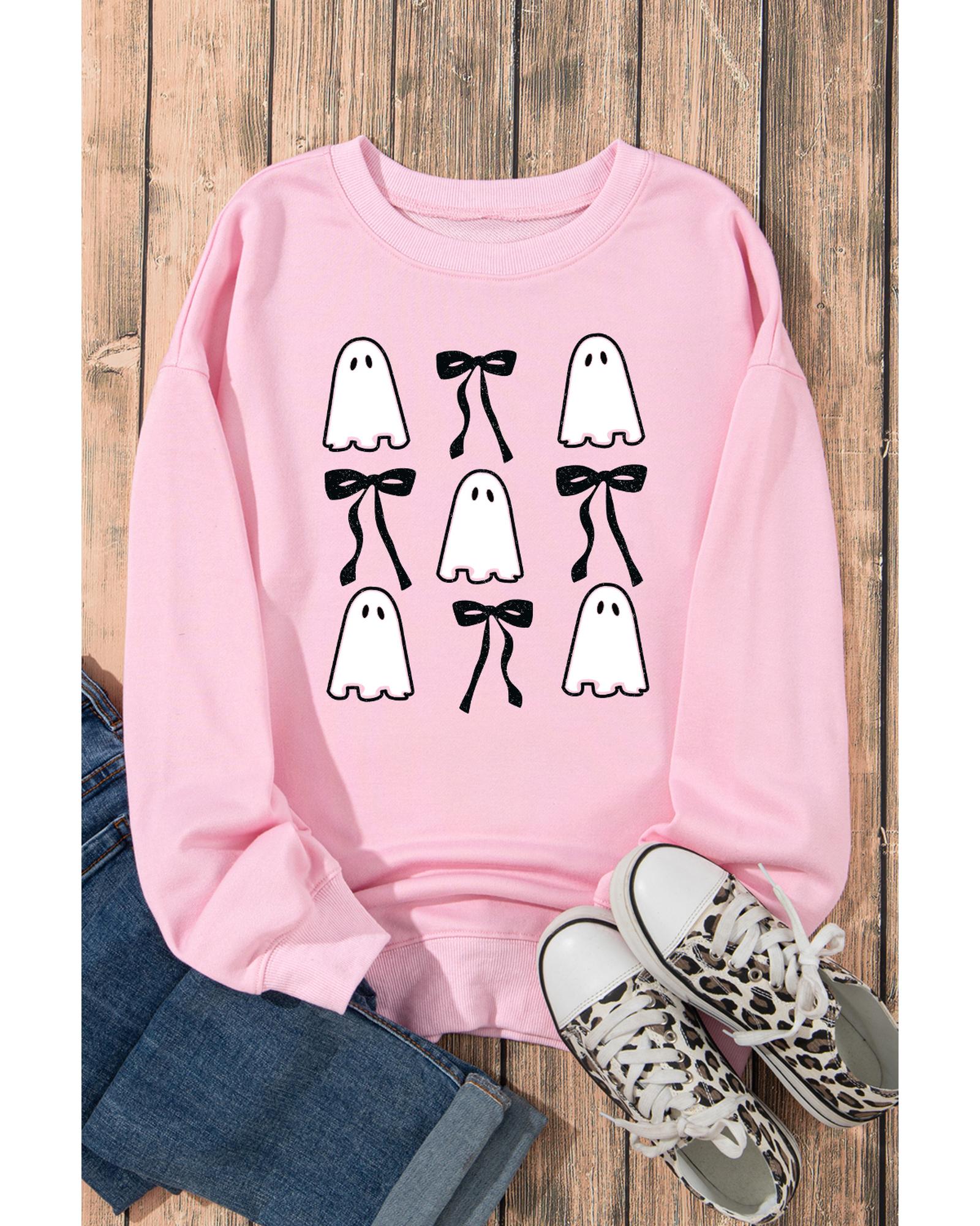 Pink Ghost Bowknot Printed Drop Shoulder Halloween Sweatshirt - M