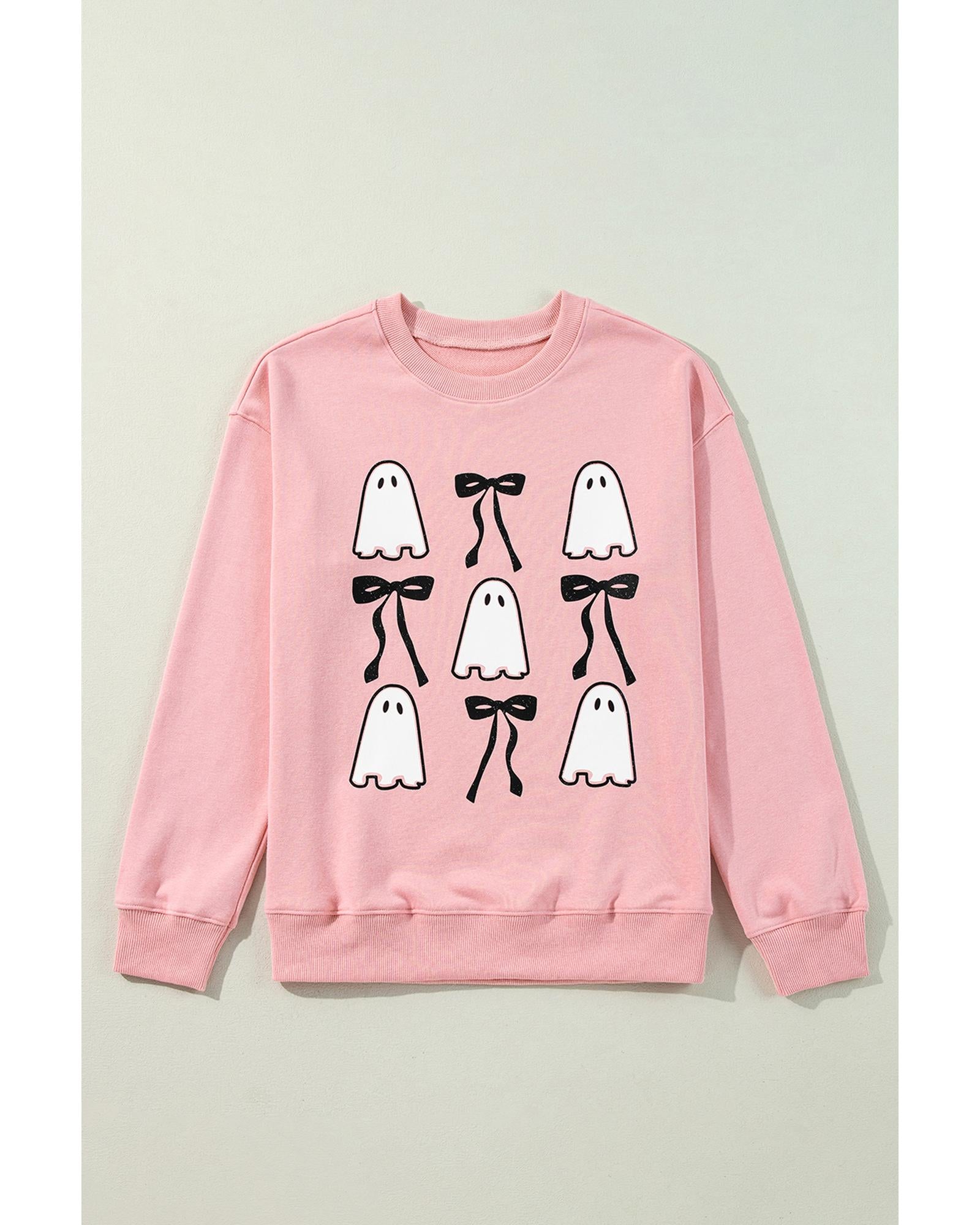 Pink Ghost Bowknot Printed Drop Shoulder Halloween Sweatshirt - M