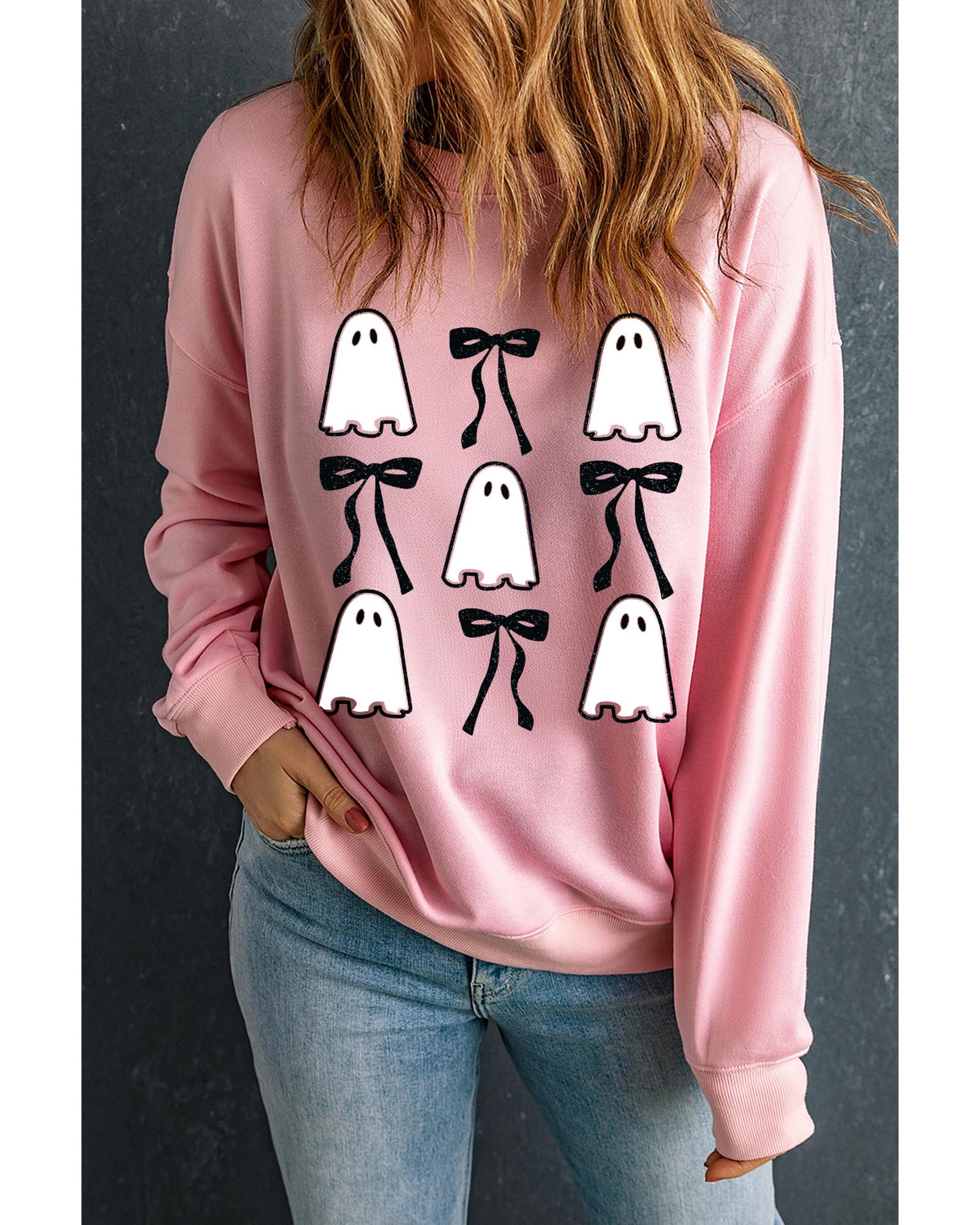 Pink Ghost Bowknot Printed Drop Shoulder Halloween Sweatshirt - M